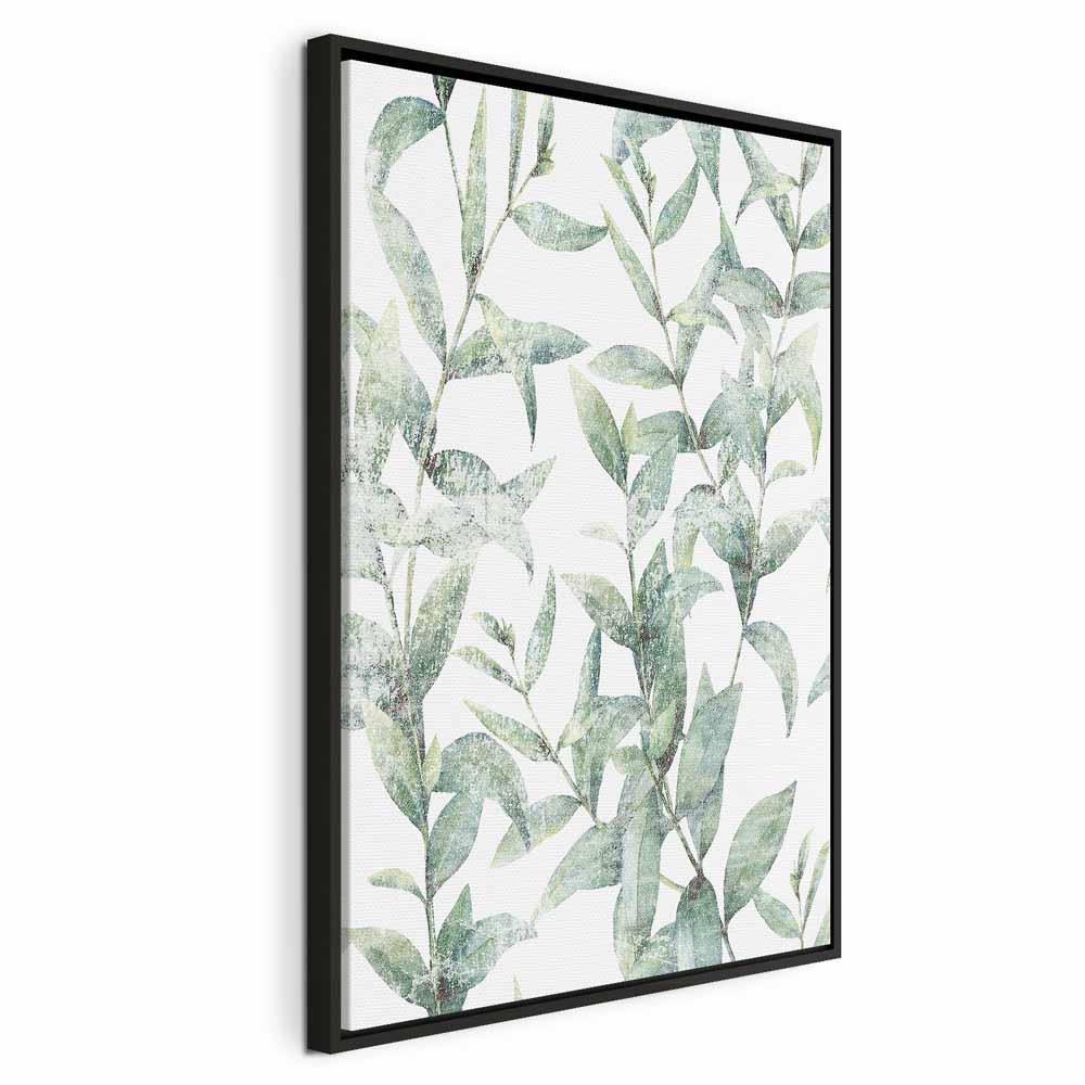 Lærredsbillede Subtle Rustling - lodret vægdekoration med bladmotiv i 1 del - 40 x 60 cm - I en sort træramme