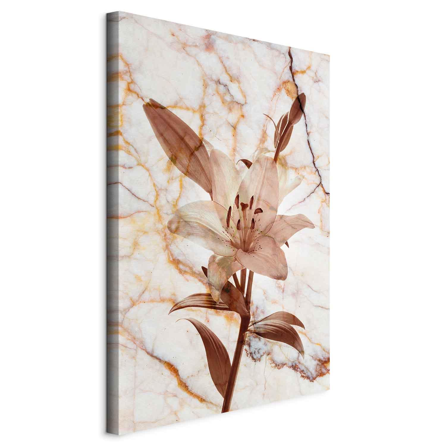 Billede på lærred - Blomstens elegance - Delikat lilje på marmor i sepia - 80 x 120 cm - På italiensk lærred