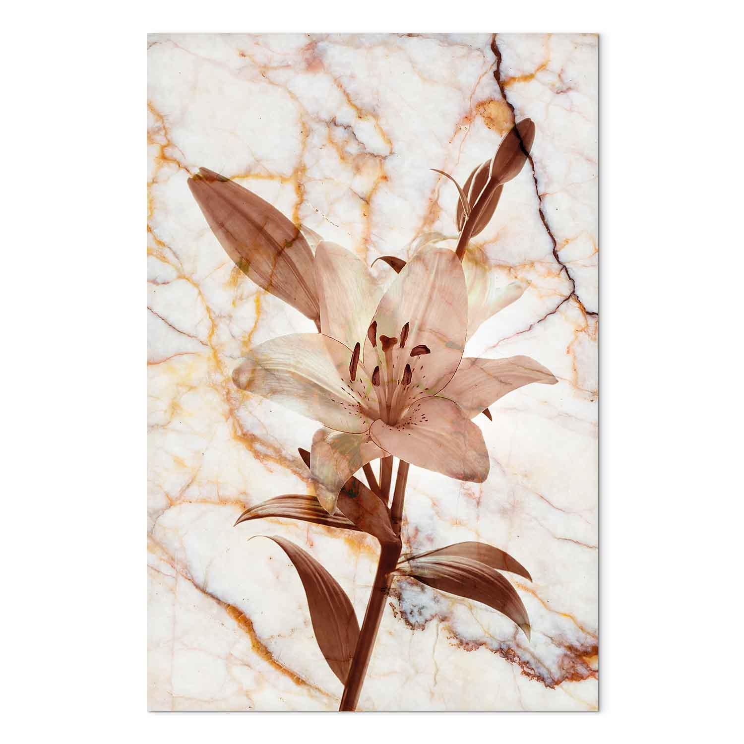 Billede på lærred - Blomstens elegance - Delikat lilje på marmor i sepia - 80 x 120 cm - Akustisk