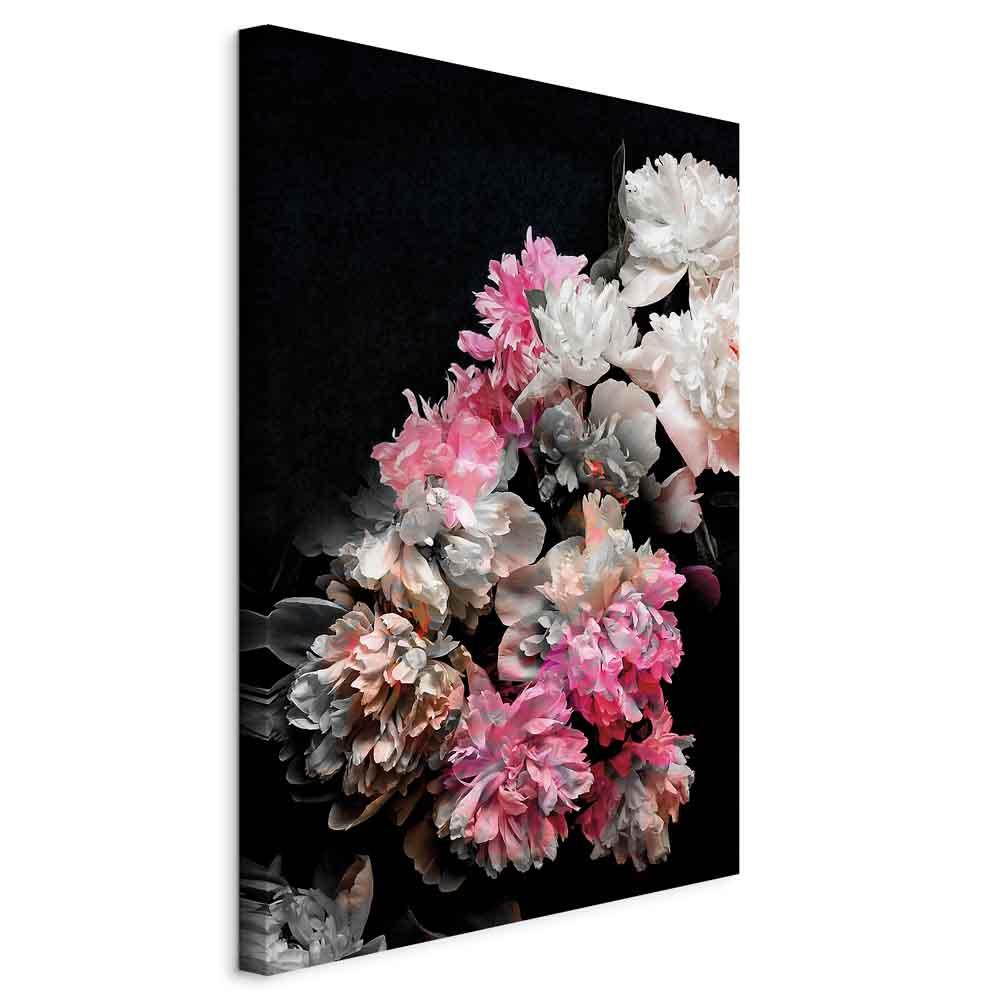 Billede på lærred - Peony Charm 1-delt med farverig blomsterbuket på sort baggrund - 80 x 120 cm - På italiensk lærred