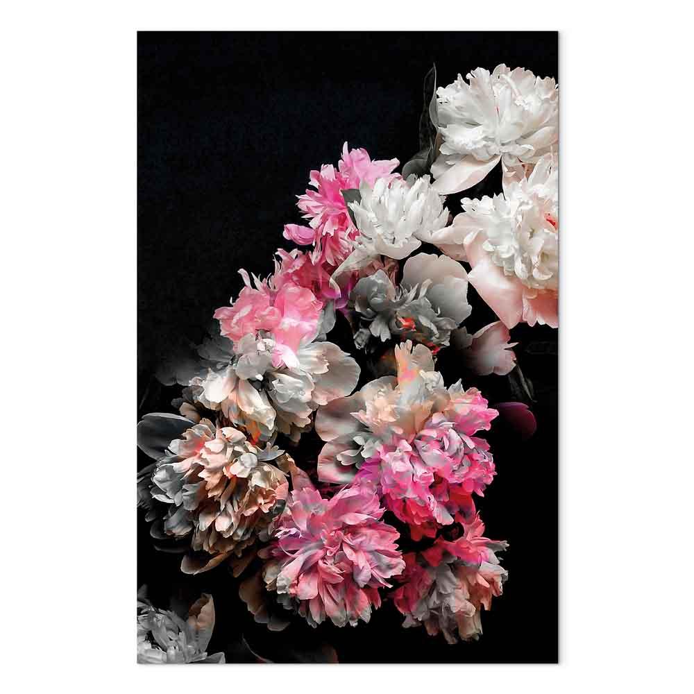 Billede på lærred - Peony Charm 1-delt med farverig blomsterbuket på sort baggrund - 80 x 120 cm - Akustisk