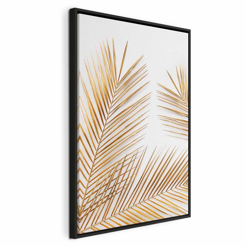 Lærredsbillede - Gyldne palmeblade lodret 1-delt vægdekoration - 60 x 90 cm - I en sort træramme