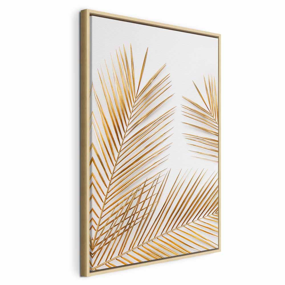 Lærredsbillede - Gyldne palmeblade lodret 1-delt vægdekoration - 60 x 90 cm - I en naturlig træramme