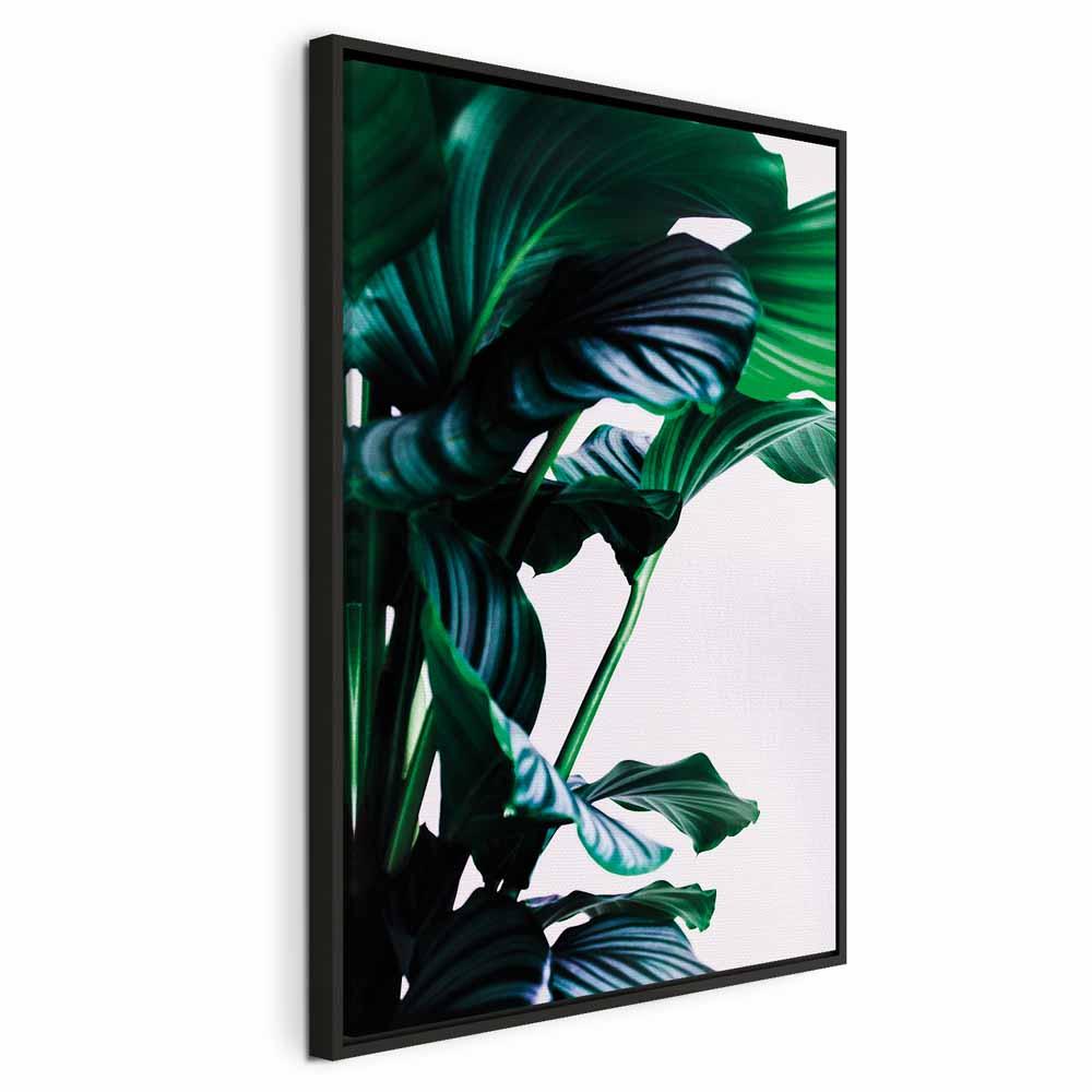 Lærredsbillede Springy Leaves - vertikalt vægbillede med bladmotiv i 1 del - 80 x 120 cm - I en sort træramme