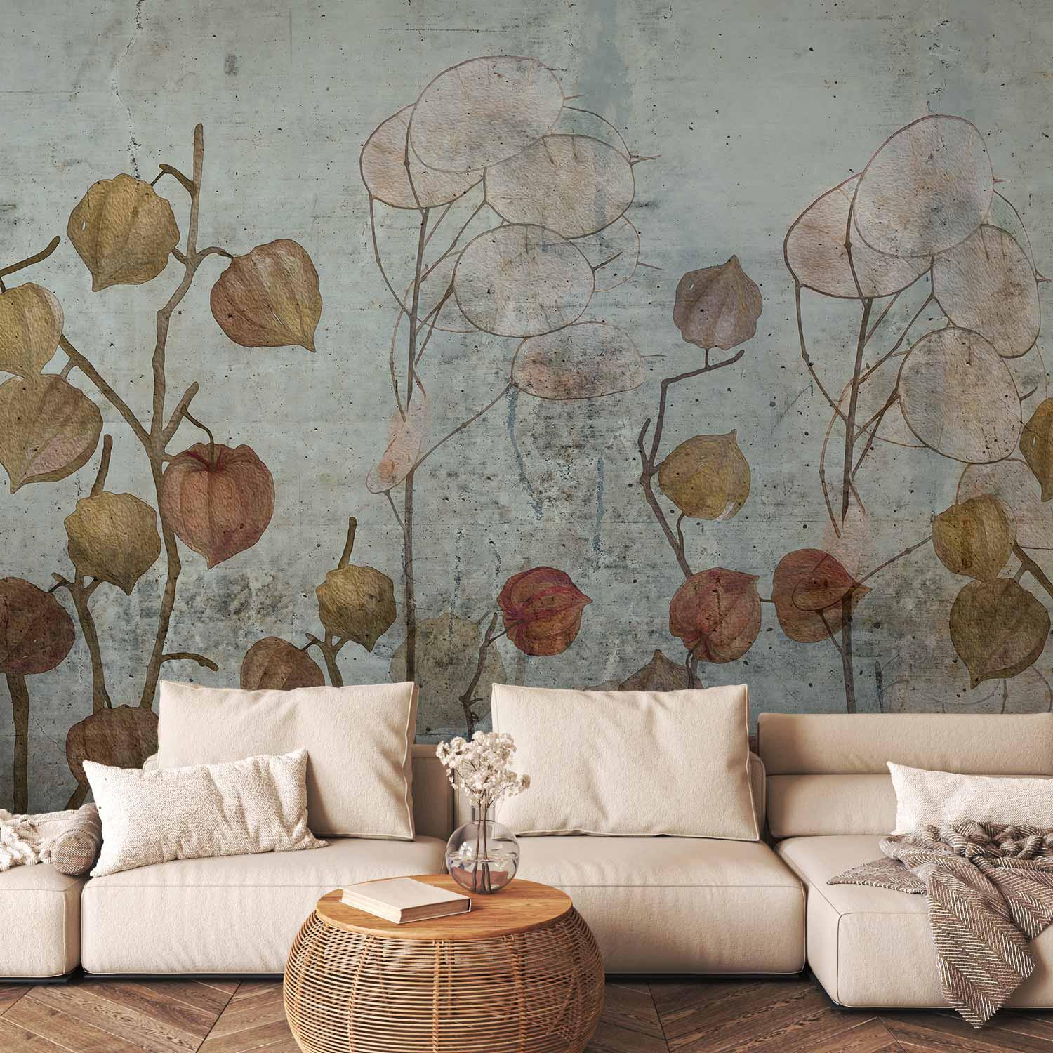 Fototapet Painted Lunaria - blomster fototapet til væg med naturmotiv og betonstruktur - 98 x 70 cm - Selvklæbende