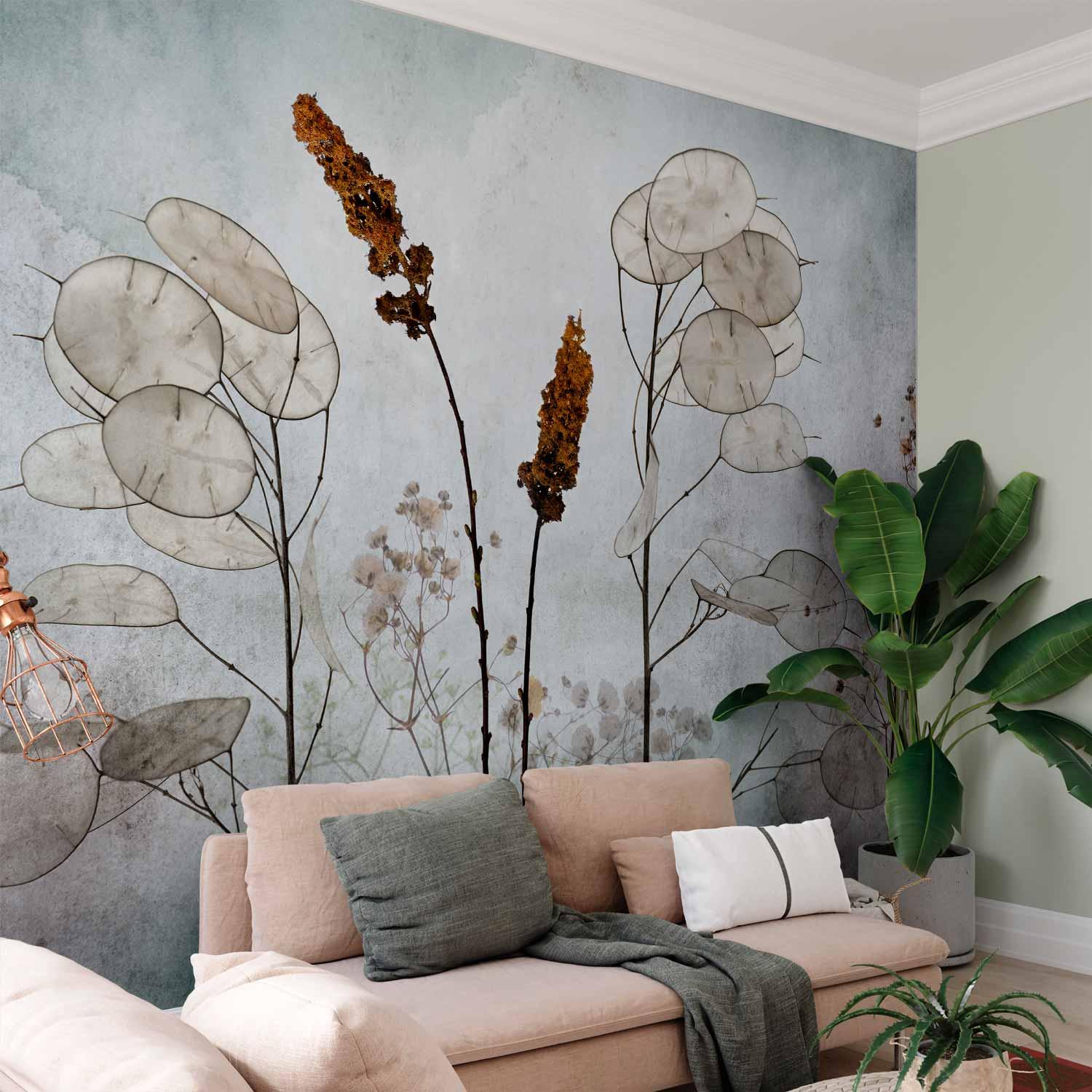 Fototapet Lunaria på engen - vægdekoration med botanisk naturmotiv - 500 x 350 cm - Premium