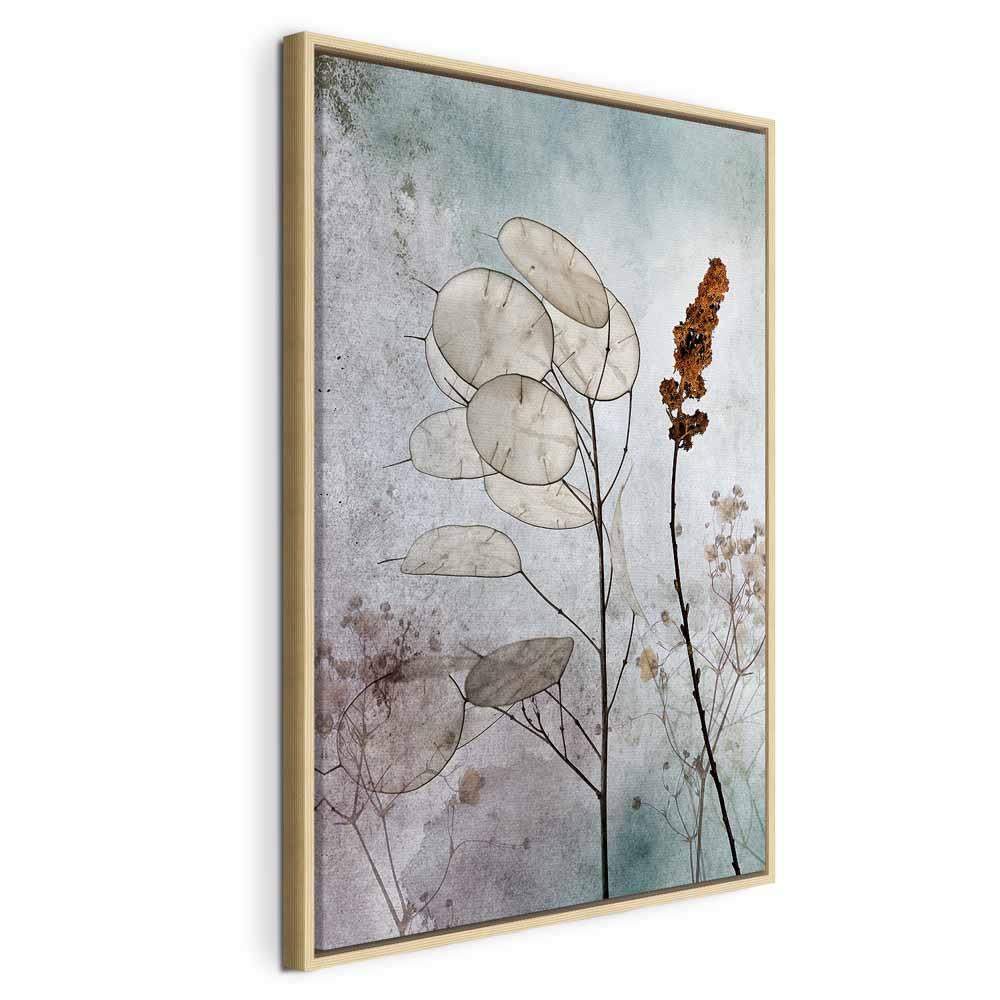 Billede på lærred - Tåget Lunaria, 1-delt lodret vægdekoration - 40 x 60 cm - I en naturlig træramme