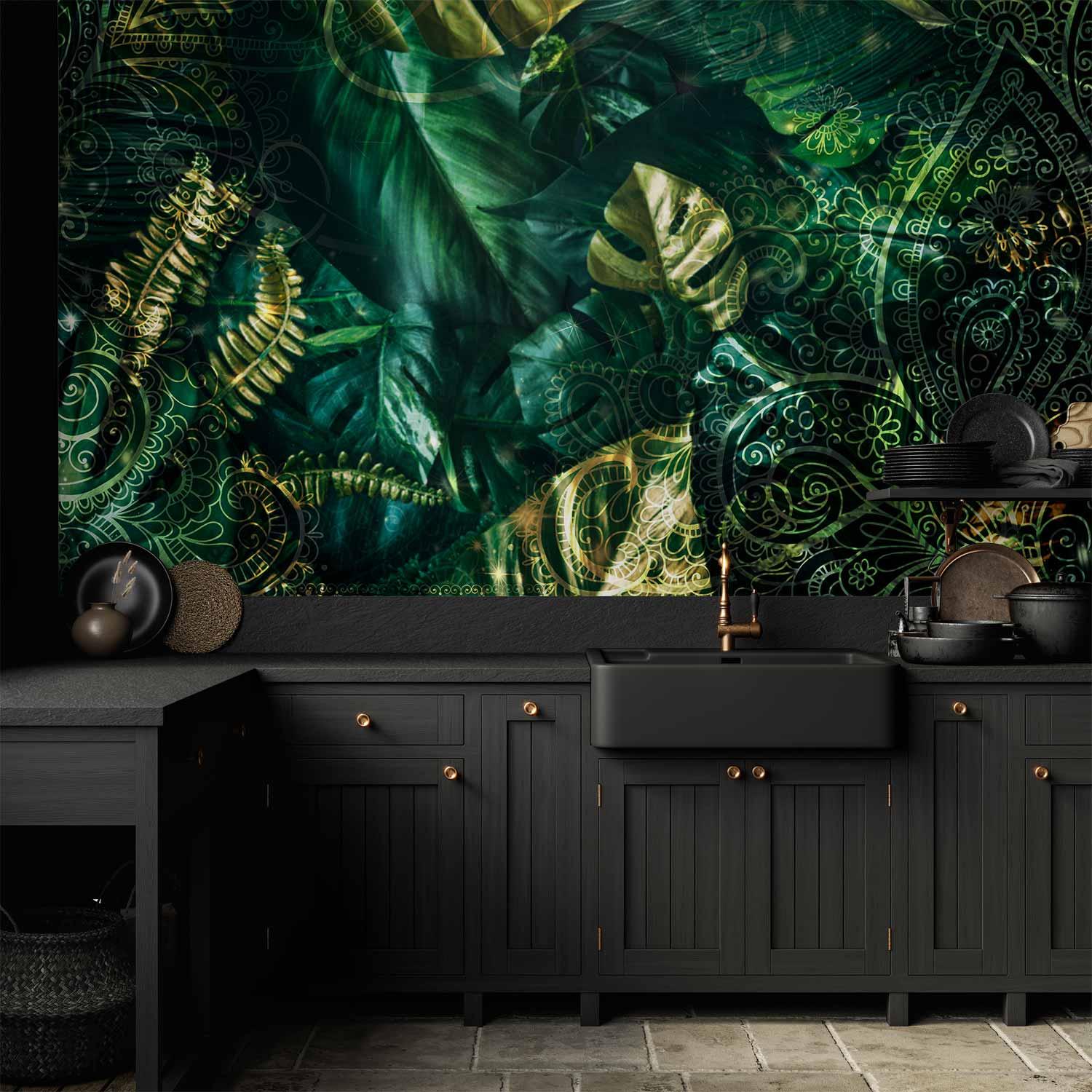 Fototapet Smaragdjunglen - grønt junglemotiv med blade til vægdekoration - 400 x 280 cm - Vandtæt