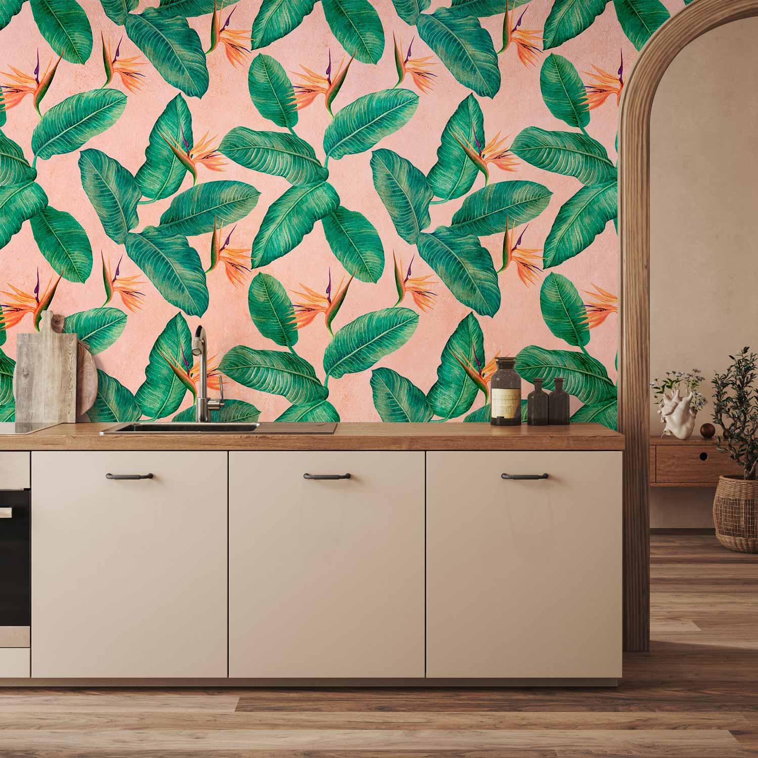 Fototapet med tropiske blade og paradisblomster - Første variant - 400 x 280 cm - Vandtæt