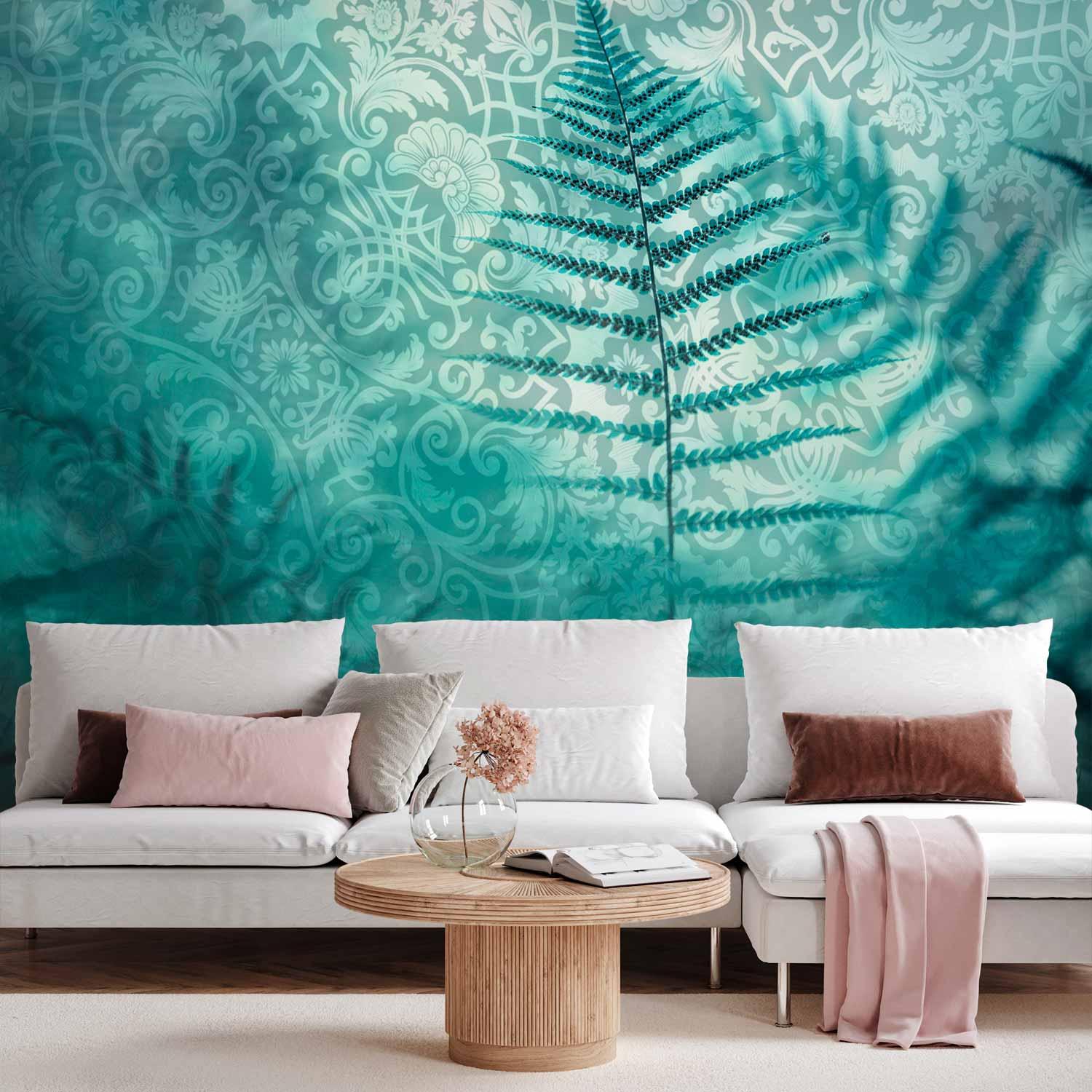 Fototapet med bregner og abstrakt mønster i turkis - 300 x 210 cm - Standard