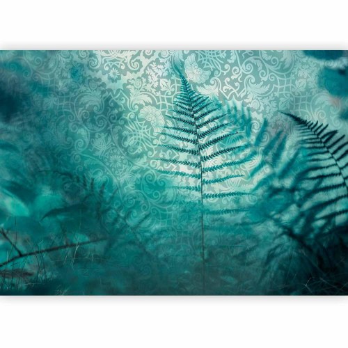 Fototapet In a forest retreat - abstrakt komposition med bregner og mønstre