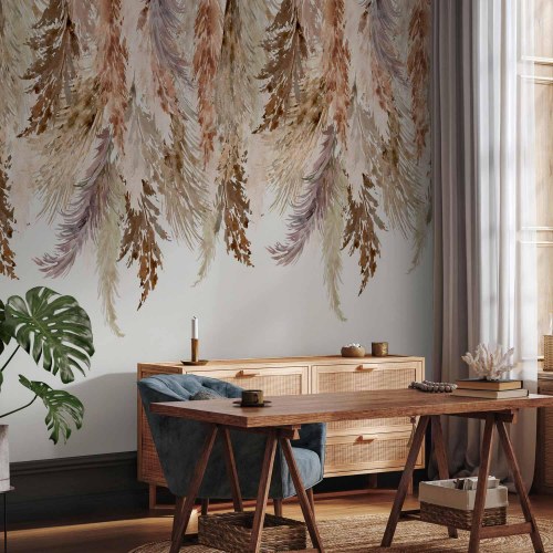 Fototapet - minimalistisk boho landskab med hængende blade i beige