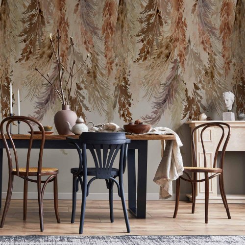 Fototapet - minimalistisk boho landskab med hængende blade i beige