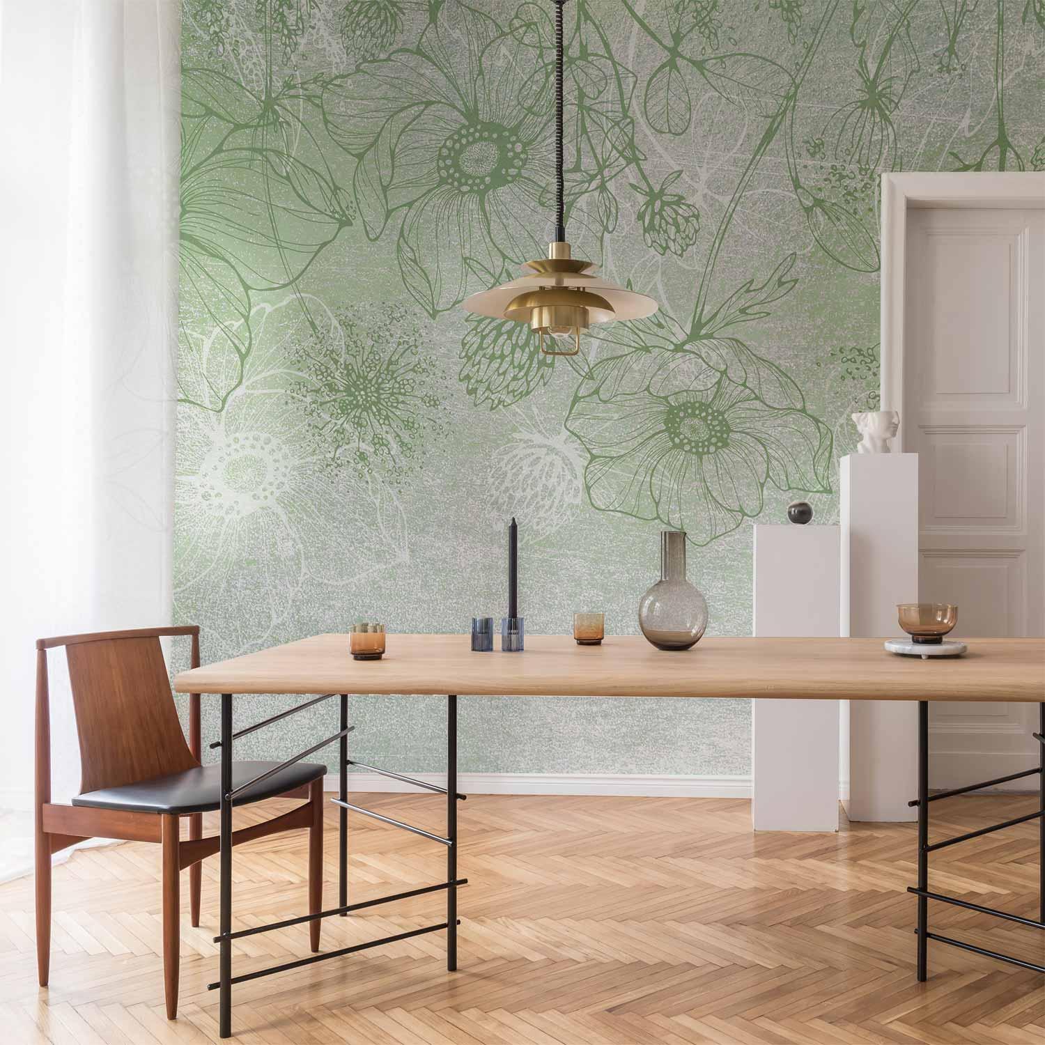 Fototapet Blomstereng lineart på grøn baggrund - 400 x 280 cm - Vandtæt