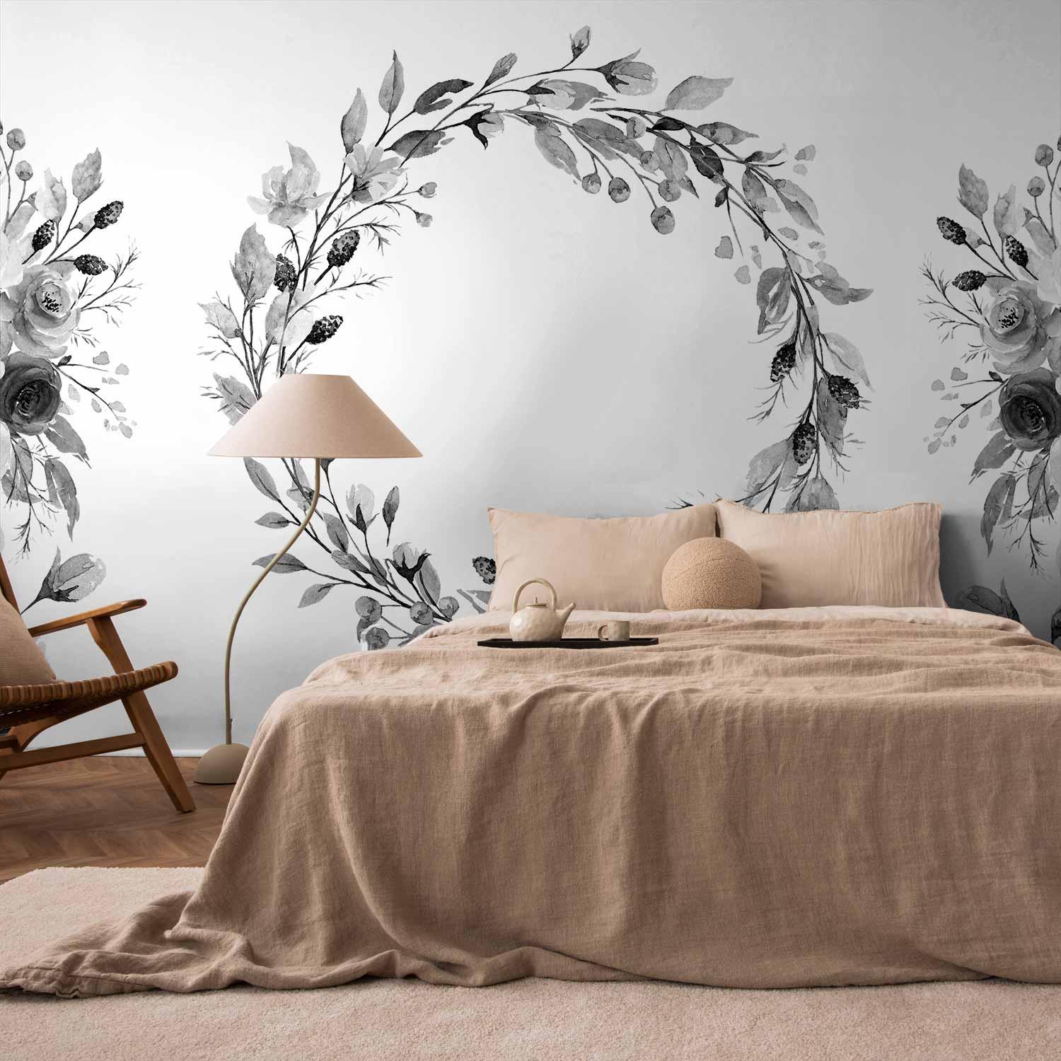 Fototapet romantisk blomsterkrans i grå med blade og roser - 200 x 140 cm - Premium