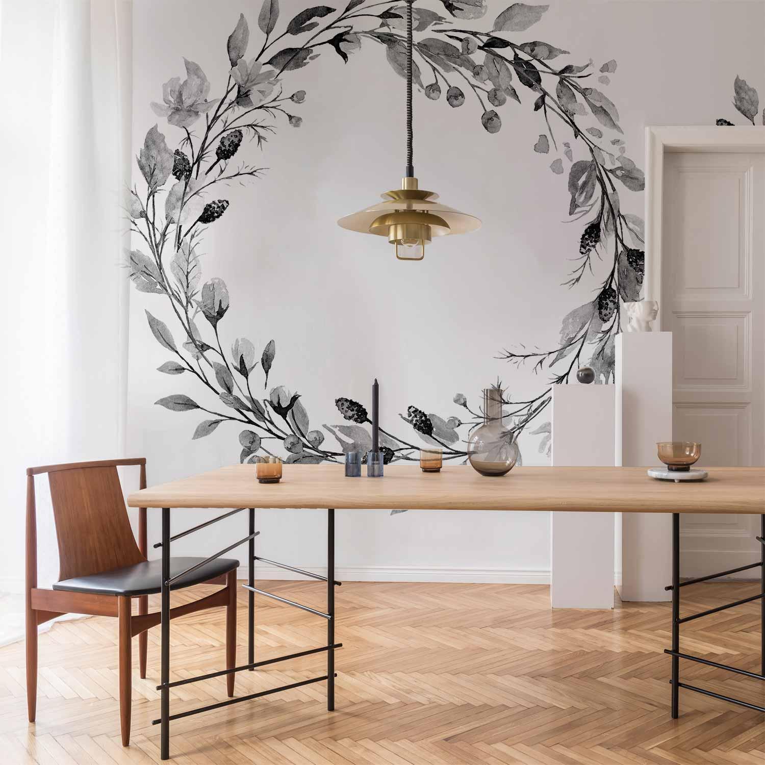 Fototapet romantisk blomsterkrans i grå med blade og roser - 400 x 280 cm - Vandtæt
