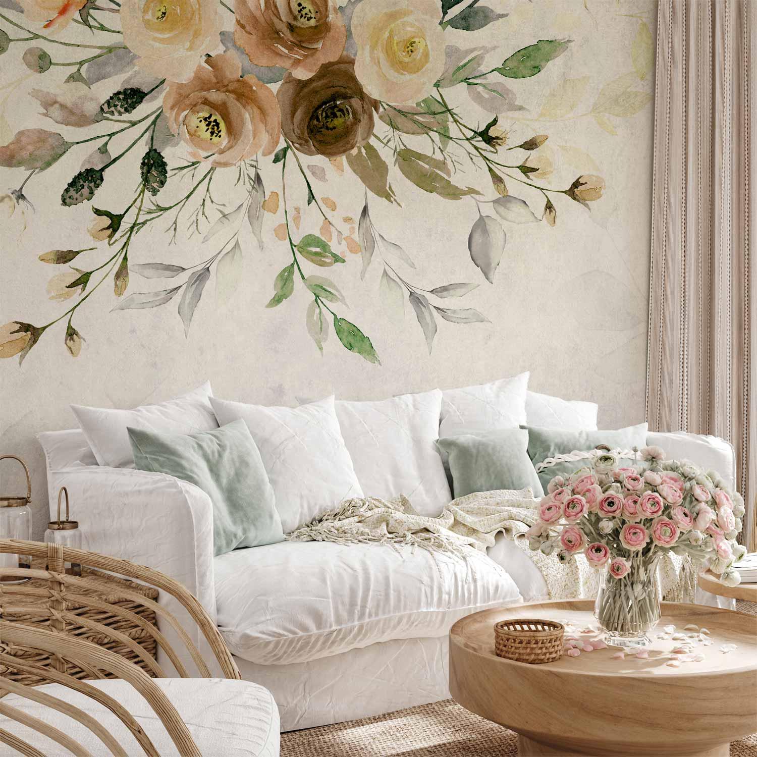 Fototapet Summer Bloom med retro blomstermotiv og blade - 250 x 175 cm - Premium
