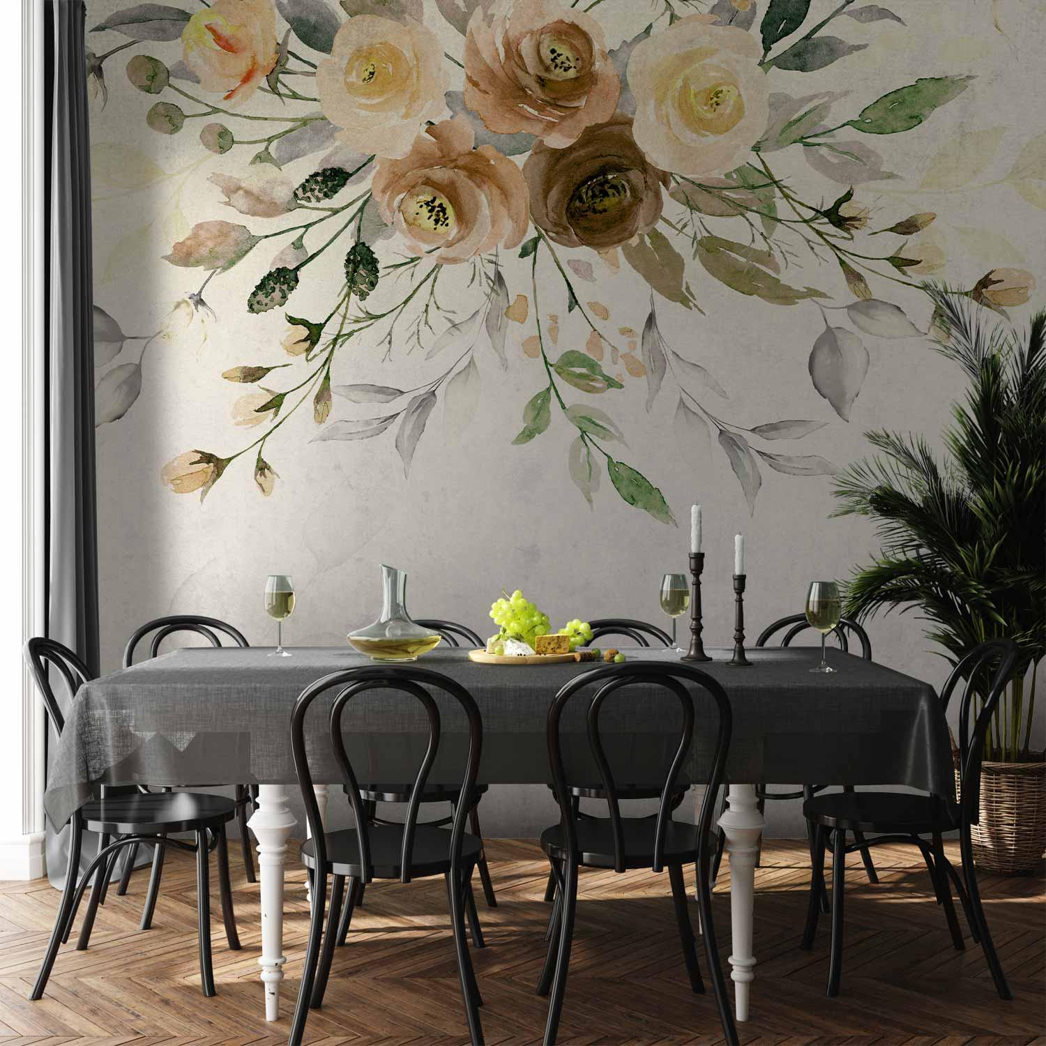 Fototapet Summer Bloom med retro blomstermotiv og blade - 400 x 280 cm - Vandtæt