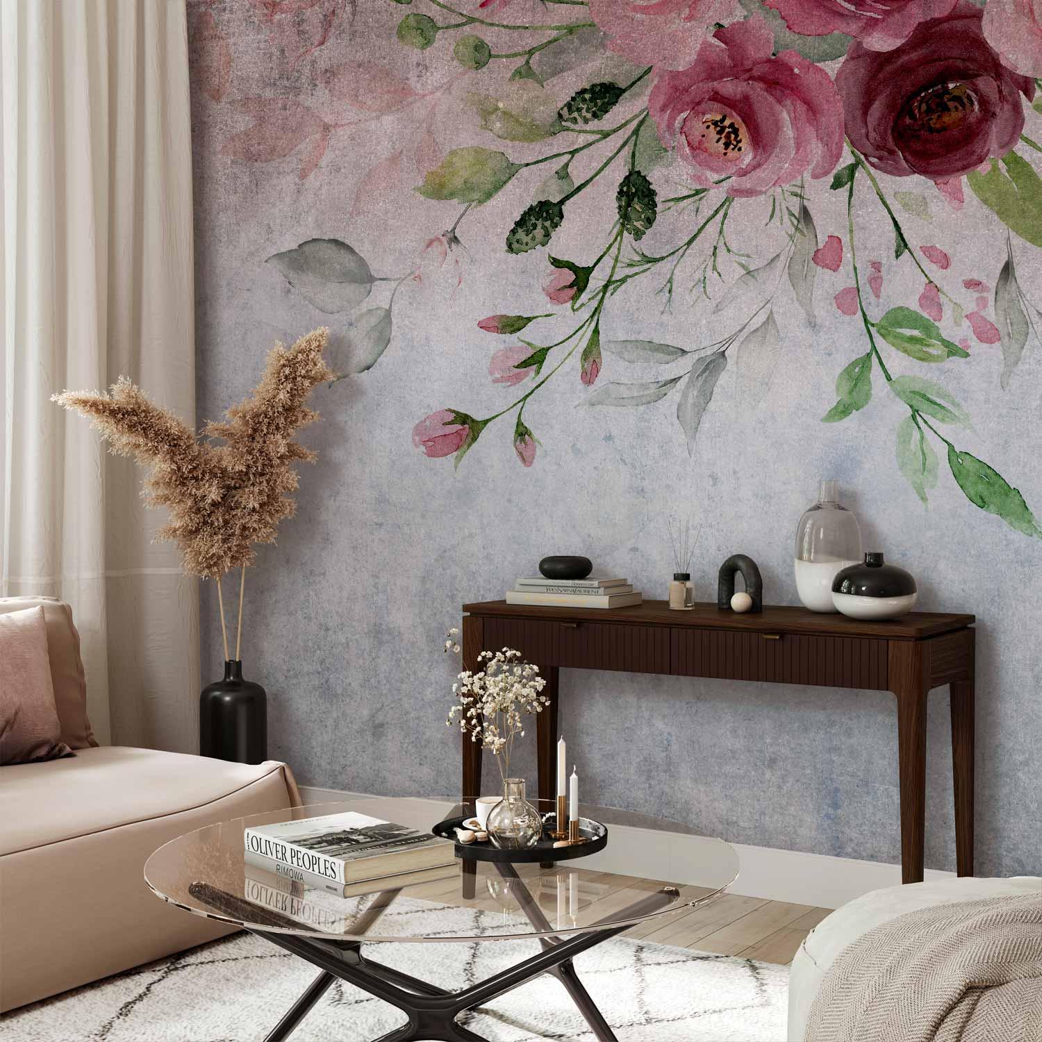 Fototapet Summer Bloom med blomster og blade i rosa nuancer - 100 x 70 cm - Premium