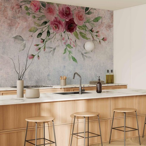 Fototapet Summer Bloom med blomster og blade i rosa nuancer