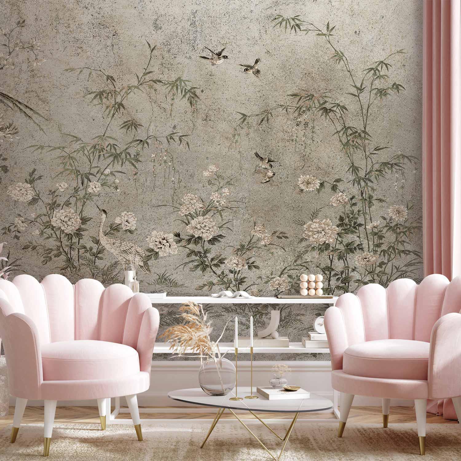 Fototapet Eastern Fresco med fugle, blomster og bambusmotiv til væg indendørs - 100 x 70 cm - Standard