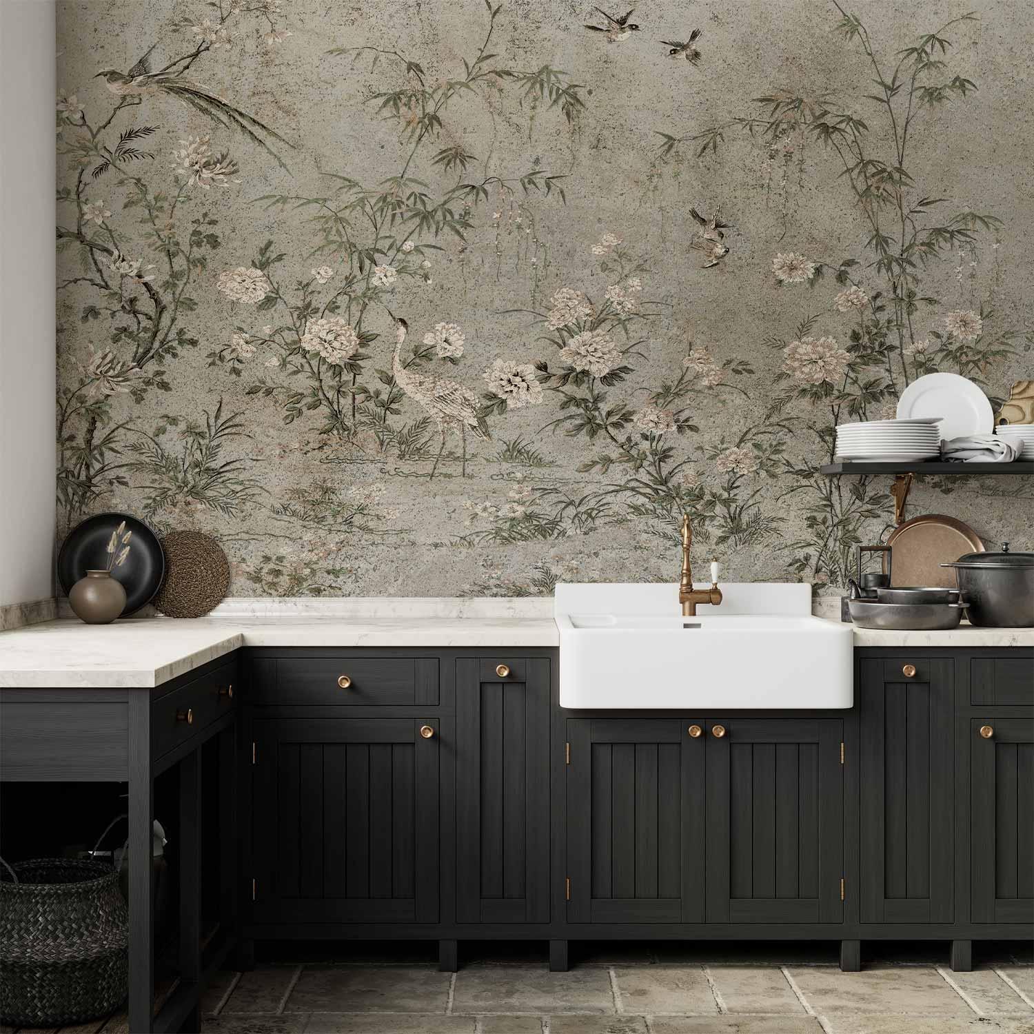 Fototapet Eastern Fresco med fugle, blomster og bambusmotiv til væg indendørs - 400 x 280 cm - Vandtæt