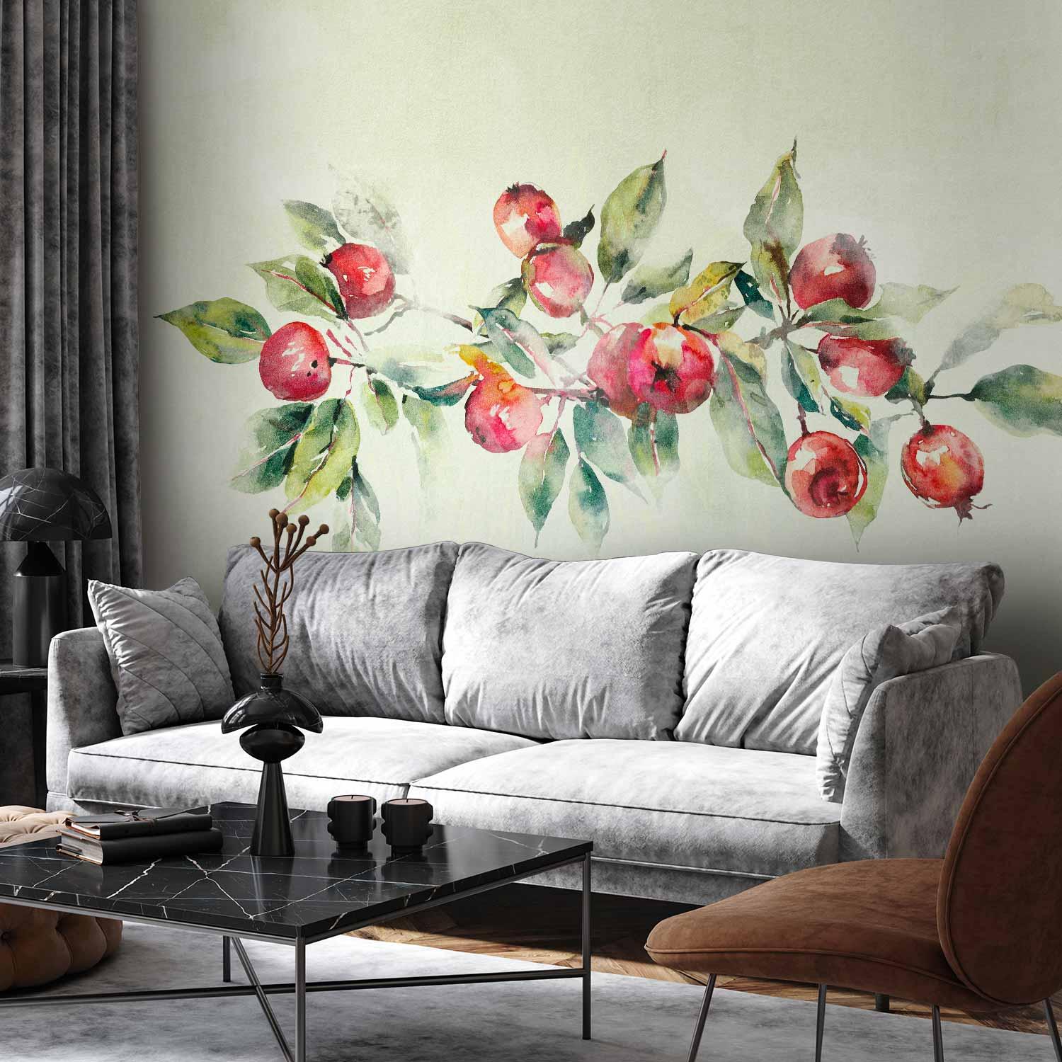 Fototapet med æblegren - sart landskab med plante og æbler på hvid baggrund - 200 x 140 cm - Premium