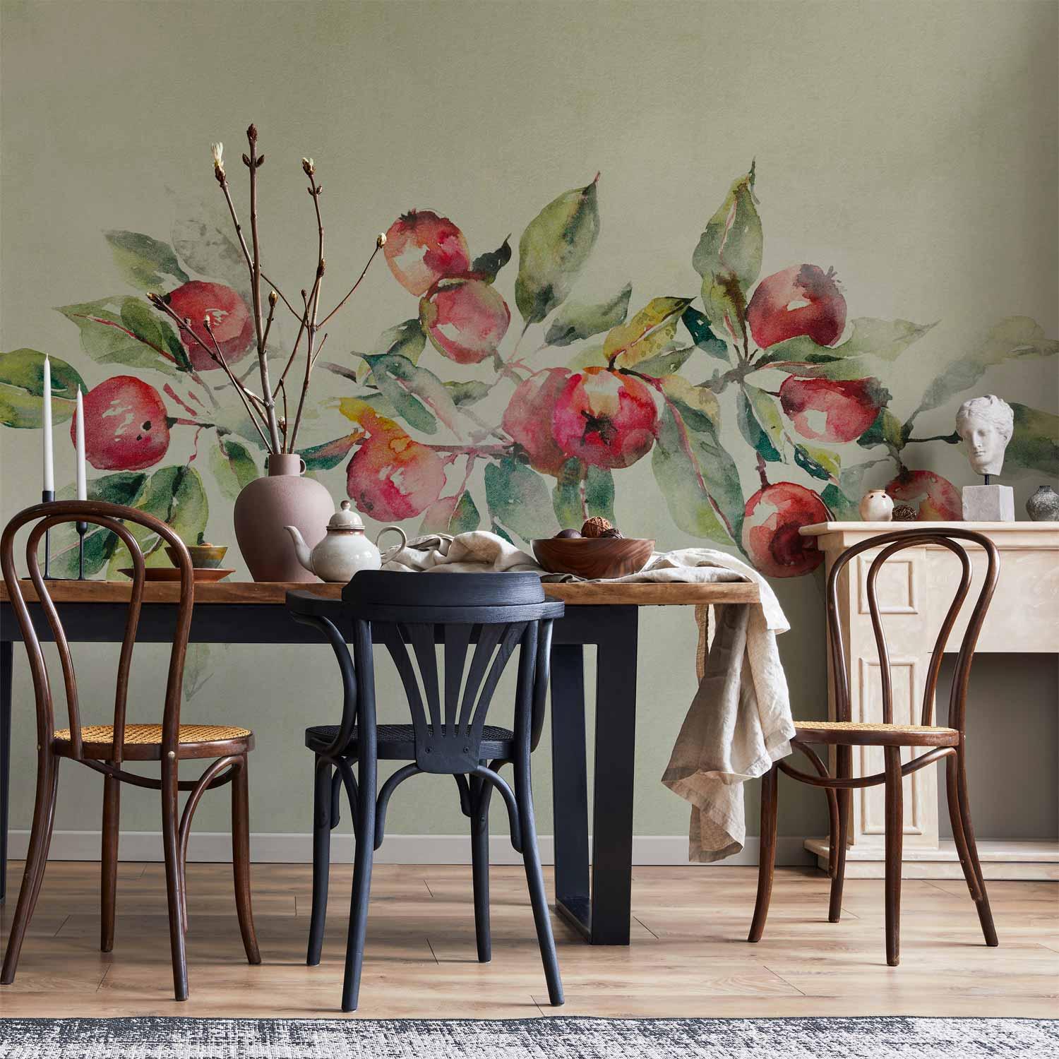 Fototapet med æblegren - sart landskab med plante og æbler på hvid baggrund - 200 x 140 cm - Vandtæt