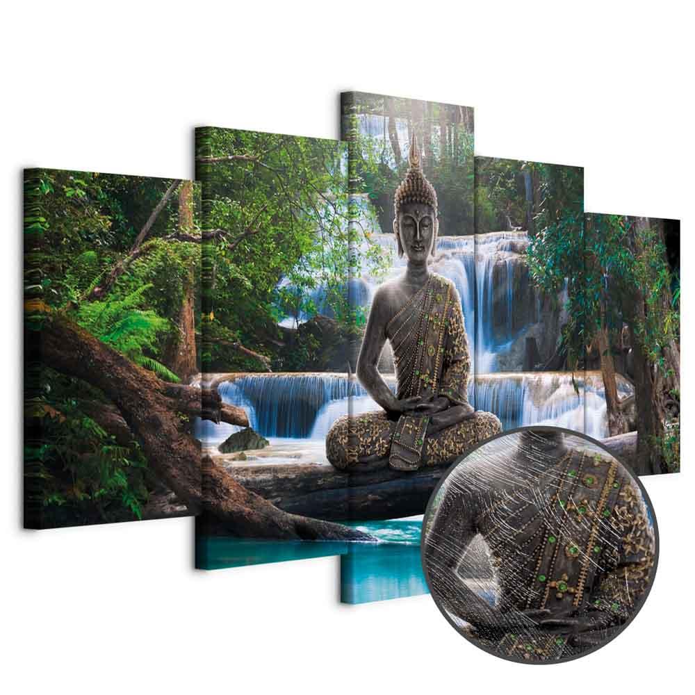 Buddha og vandfald lærredsbillede - 200 x 100 cm - Premium Print
