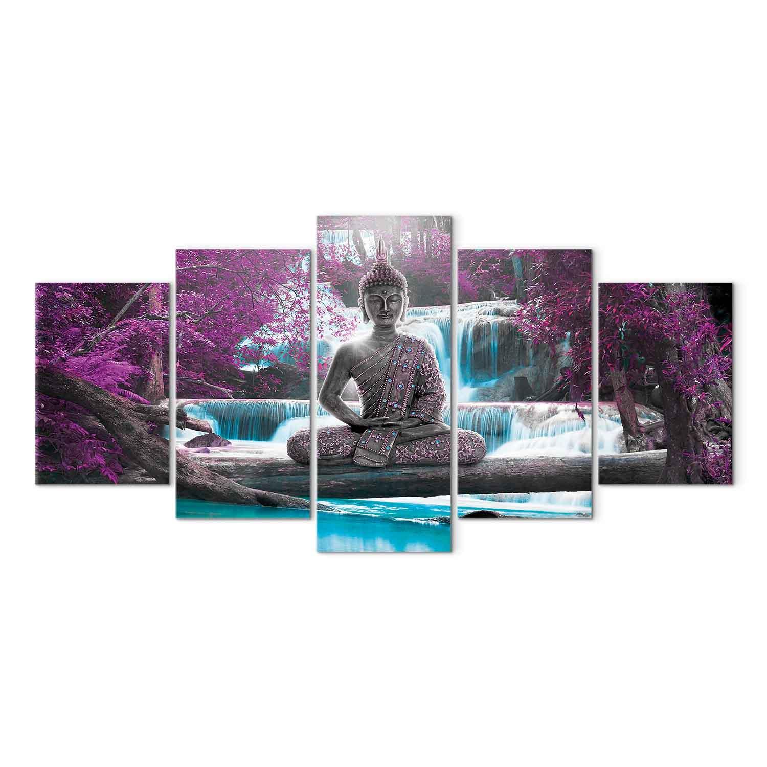 Lærredsbillede Vandfald og Buddha - 100 x 50 cm, Standard - 200 x 100 cm - Standard