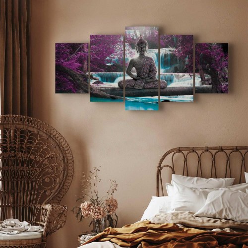 Lærredsbillede Vandfald og Buddha - 100 x 50 cm, Standard