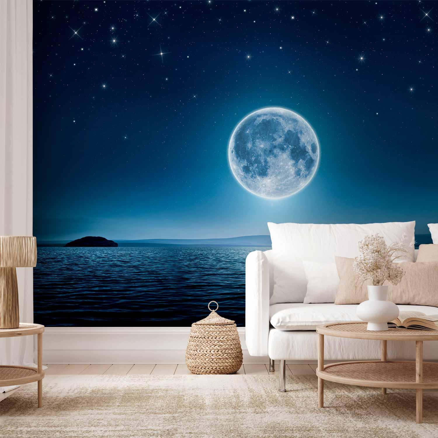 Fototapet Måneskinsnat - vægdekoration med hav, stjernehimmel og måne - 500 x 350 cm - Standard