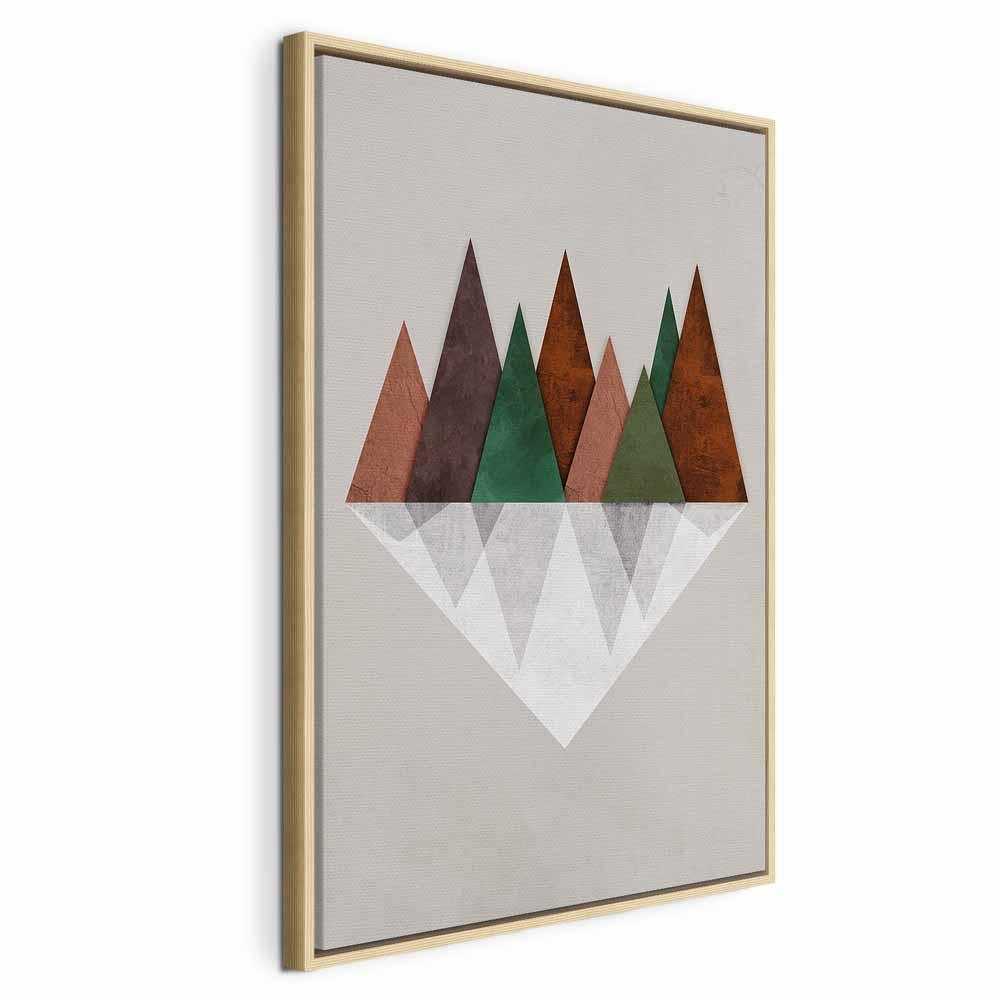 Lærredsbillede Symmetrisk Landskab - abstrakt, geometrisk vægdekoration i lodret format - 40 x 60 cm - I en naturlig træramme