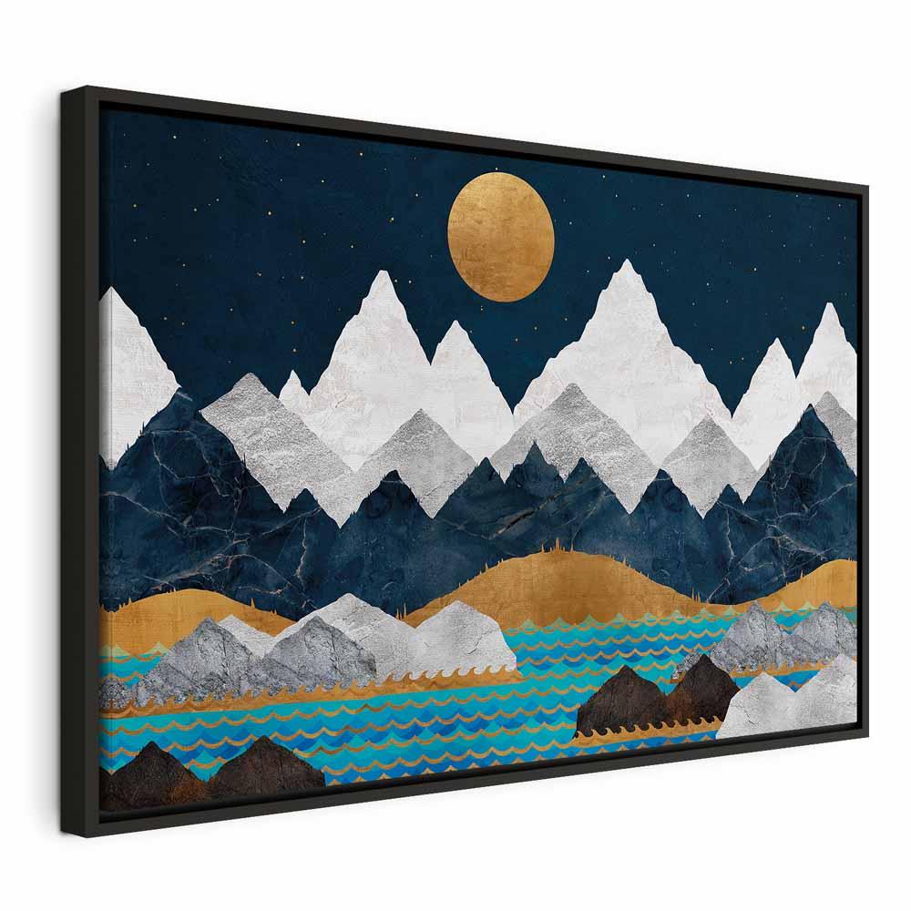 Billede på lærred - Nat i bjergene, 1-delt bredformat vægdekoration med bjerglandskab - 60 x 40 cm - I en sort træramme