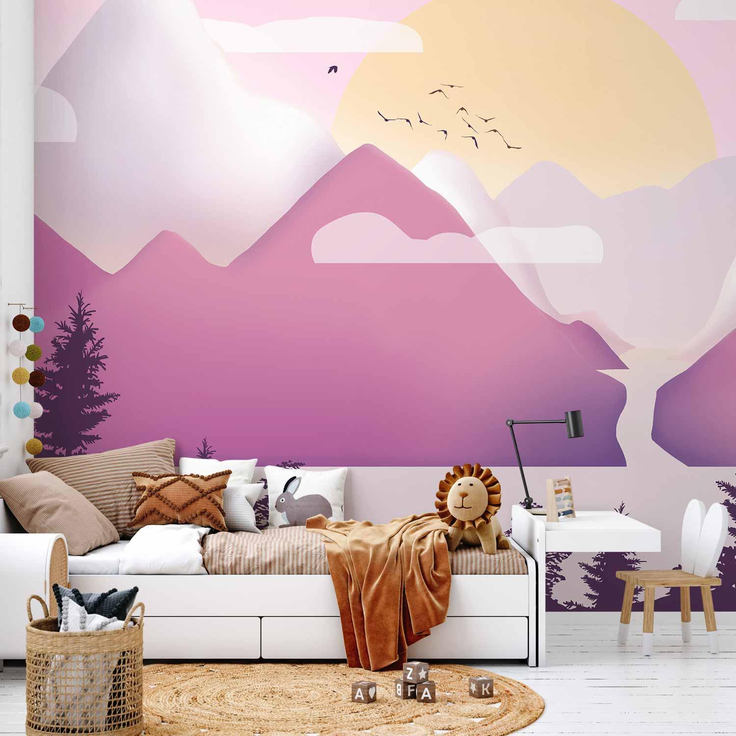 Fototapet til børneværelse - Landskab ved solnedgang, tredje variant - 400 x 280 cm - Vandtæt