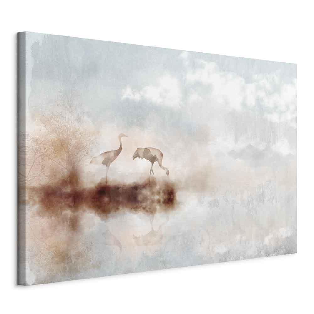 Lærredsbillede med traner - Cranes in the Morning, 1 del, bredt format til vægdekoration - 30 x 20 cm - Standard