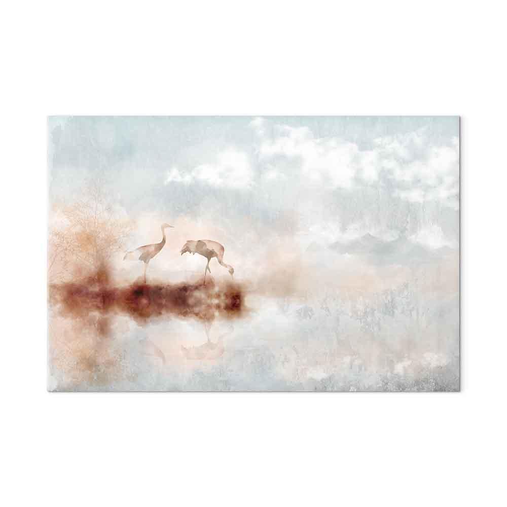 Lærredsbillede med traner - Cranes in the Morning, 1 del, bredt format til vægdekoration - 30 x 20 cm - Akustisk