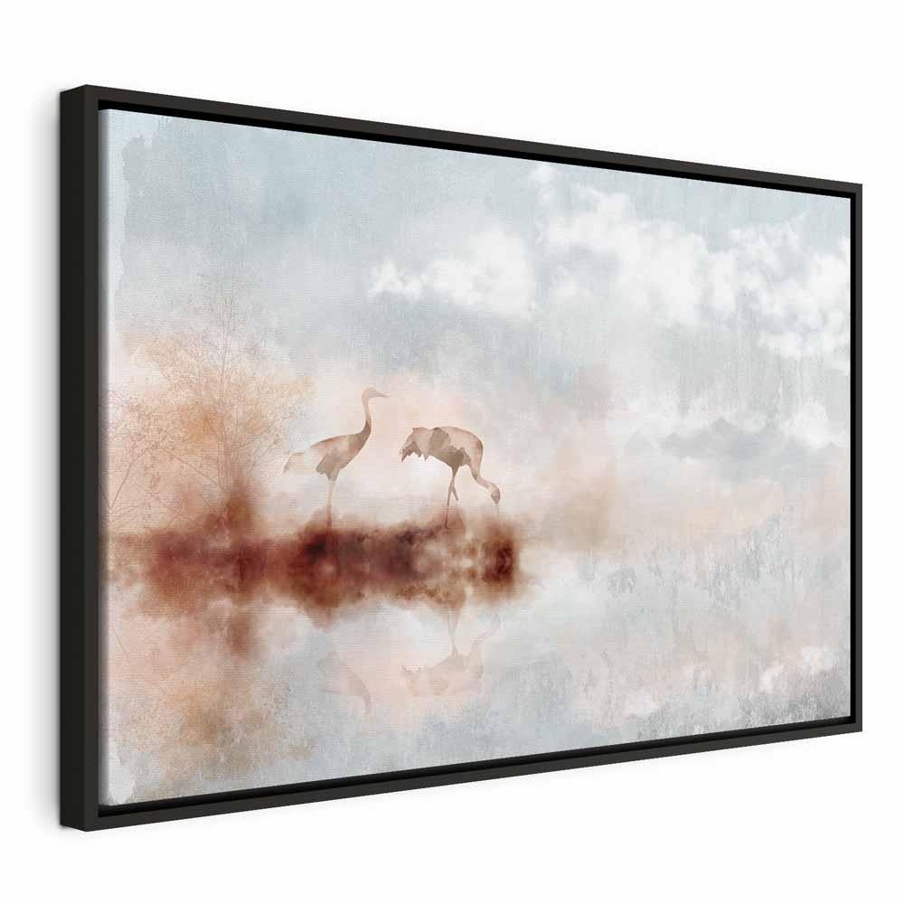 Lærredsbillede med traner - Cranes in the Morning, 1 del, bredt format til vægdekoration - 60 x 40 cm - I en sort træramme