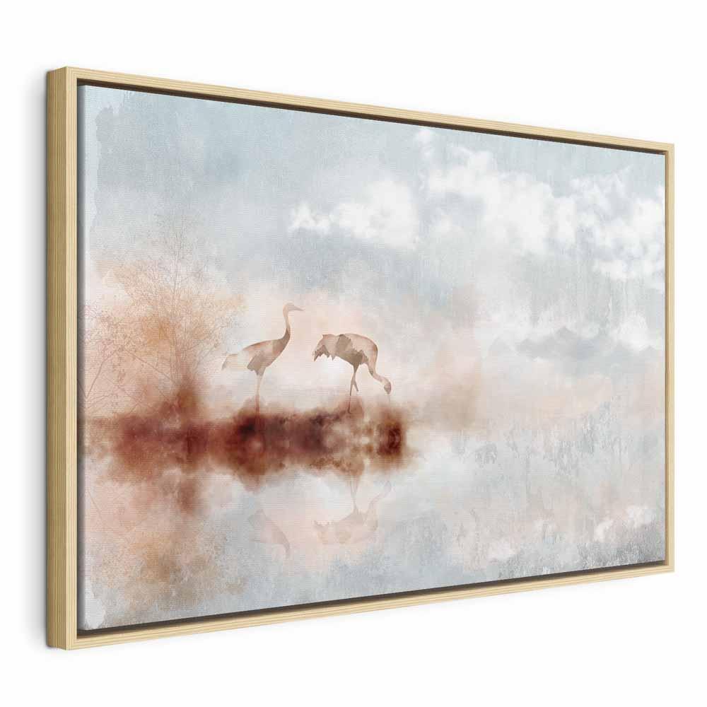 Lærredsbillede med traner - Cranes in the Morning, 1 del, bredt format til vægdekoration - 60 x 40 cm - I en naturlig træramme