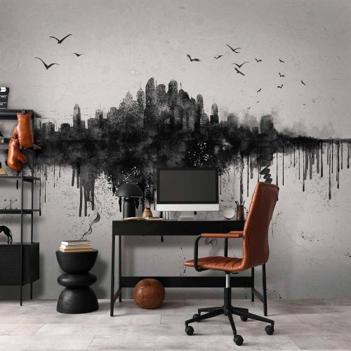 Fototapet Big City - abstrakt bysilhuet i sort akvarelstil