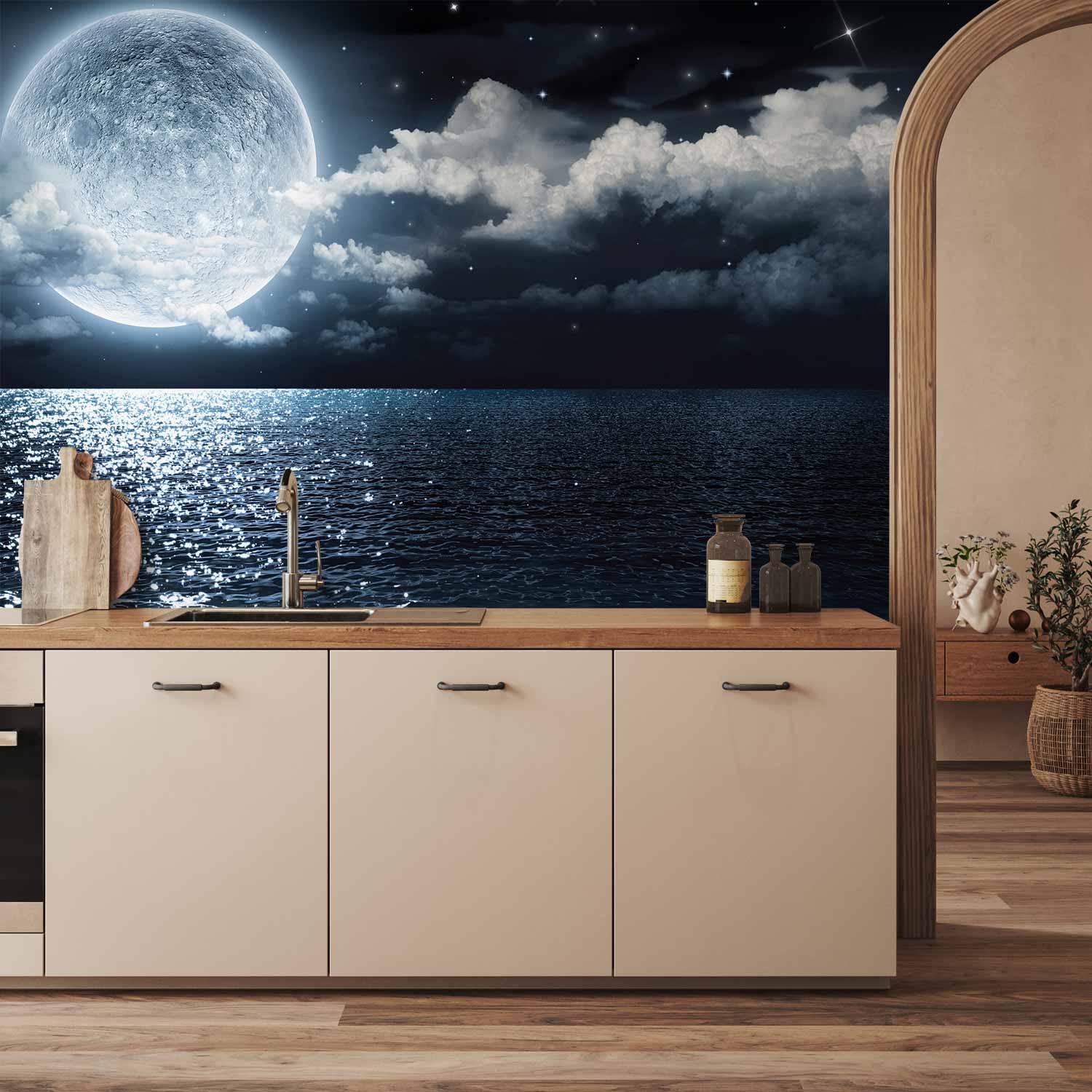 Fototapet Blå Lagune - vægtapet med nattehimmel og hav, flere størrelser og varianter - 400 x 280 cm - Vandtæt