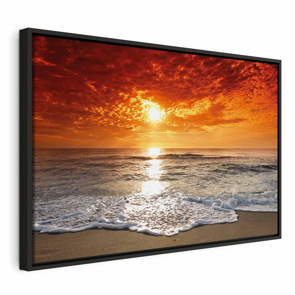 Lærredsbillede Smuk Strand - havlandskab med solnedgang - 120 x 80 cm - I en sort træramme