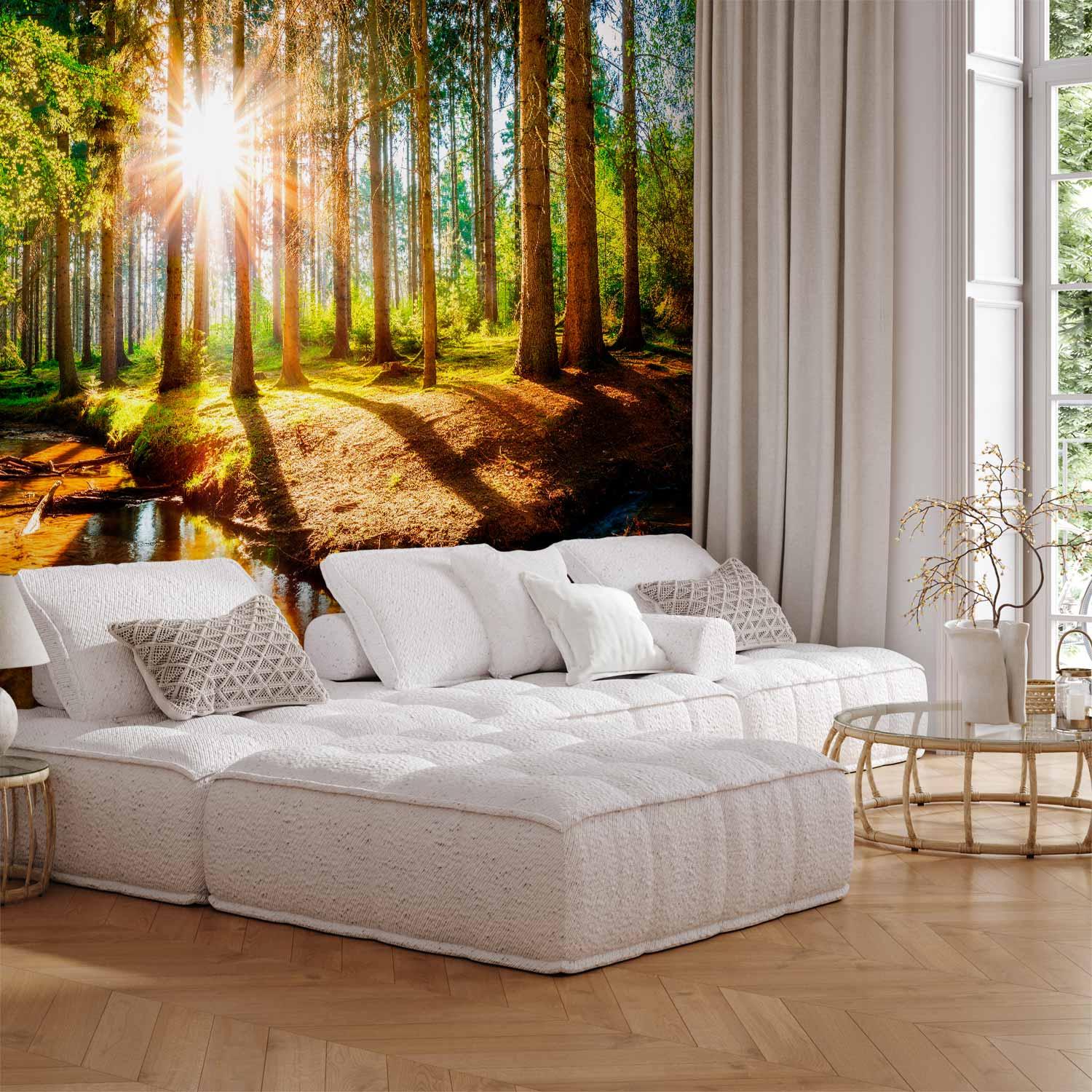 Fototapet Fantastisk Skov - landskab med skov og flod - 147 x 105 cm - Selvklæbende