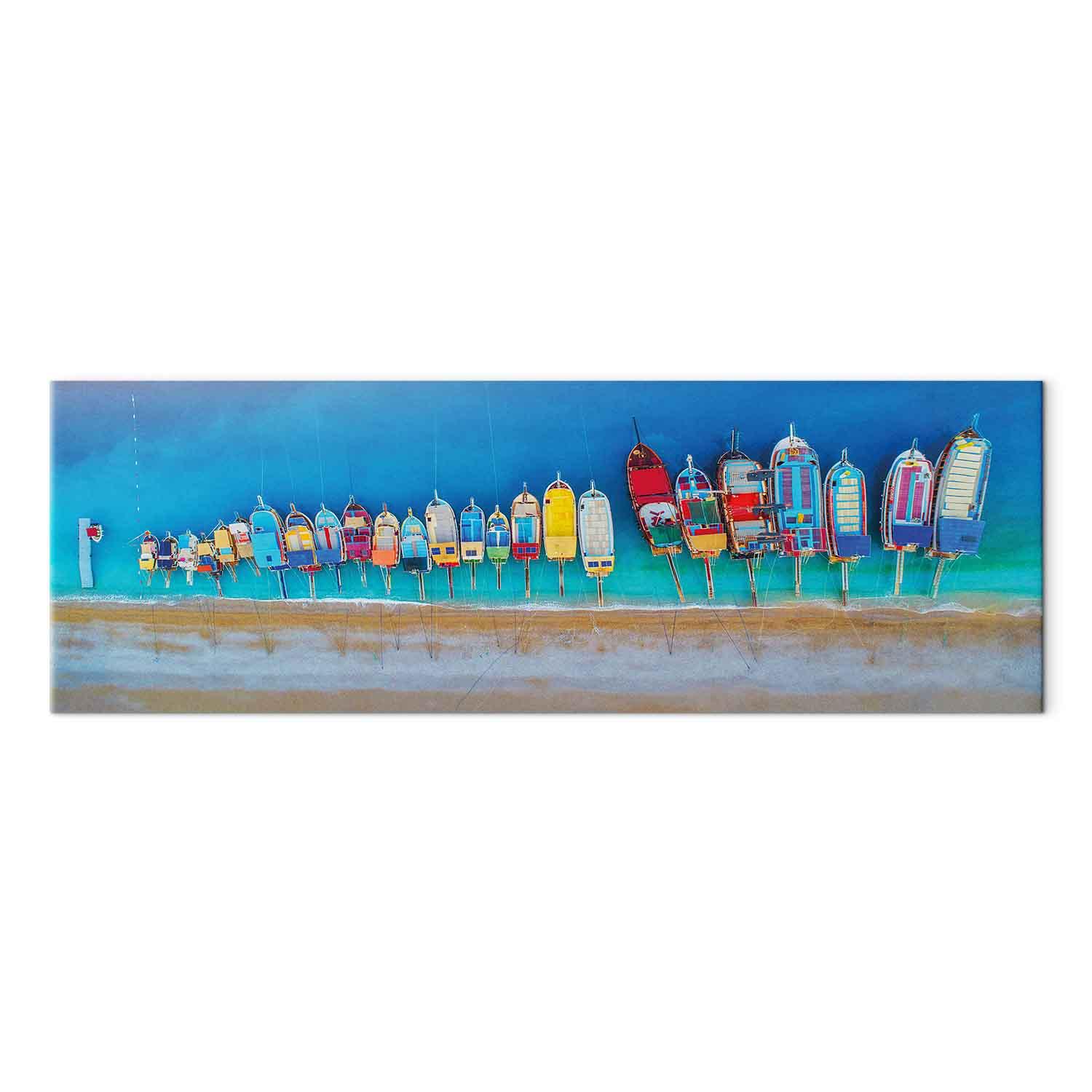 Lærredsbillede - Farverige både smalt vægbillede med landskabsmotiv - 120 x 40 cm - På italiensk lærred