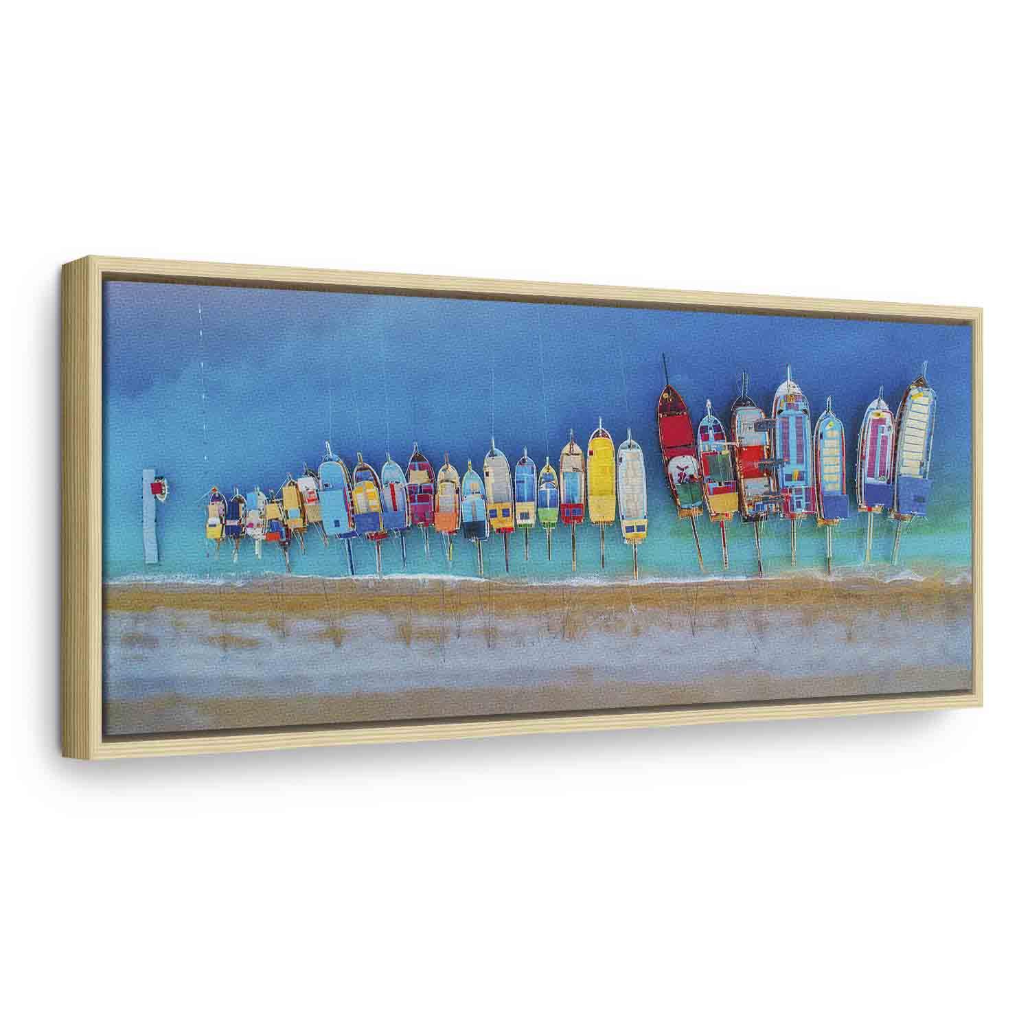 Lærredsbillede - Farverige både smalt vægbillede med landskabsmotiv - 120 x 40 cm - I en naturlig træramme