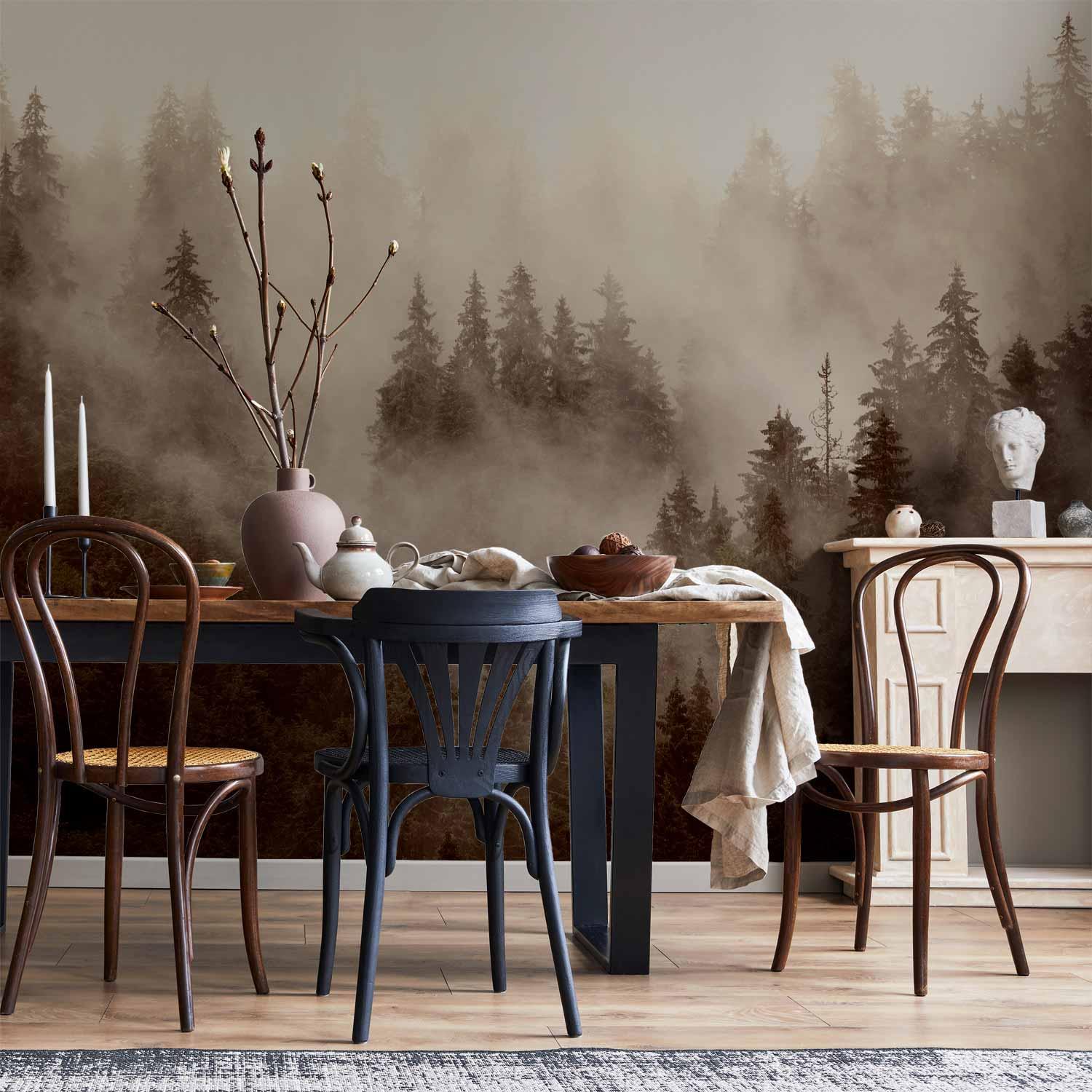 Fototapet Bjergskov i tåge - Sepia fototapet til væg med skovmotiv - 500 x 350 cm - Vandtæt