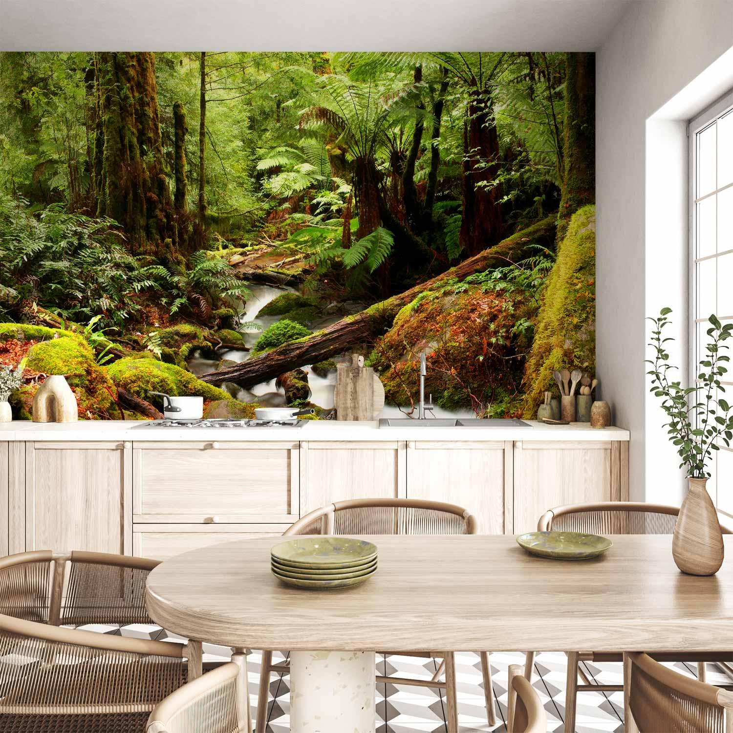 Fototapet Skovbæk - vægtapet med skovmotiv og vandløb i flere varianter - 500 x 350 cm - Vandtæt