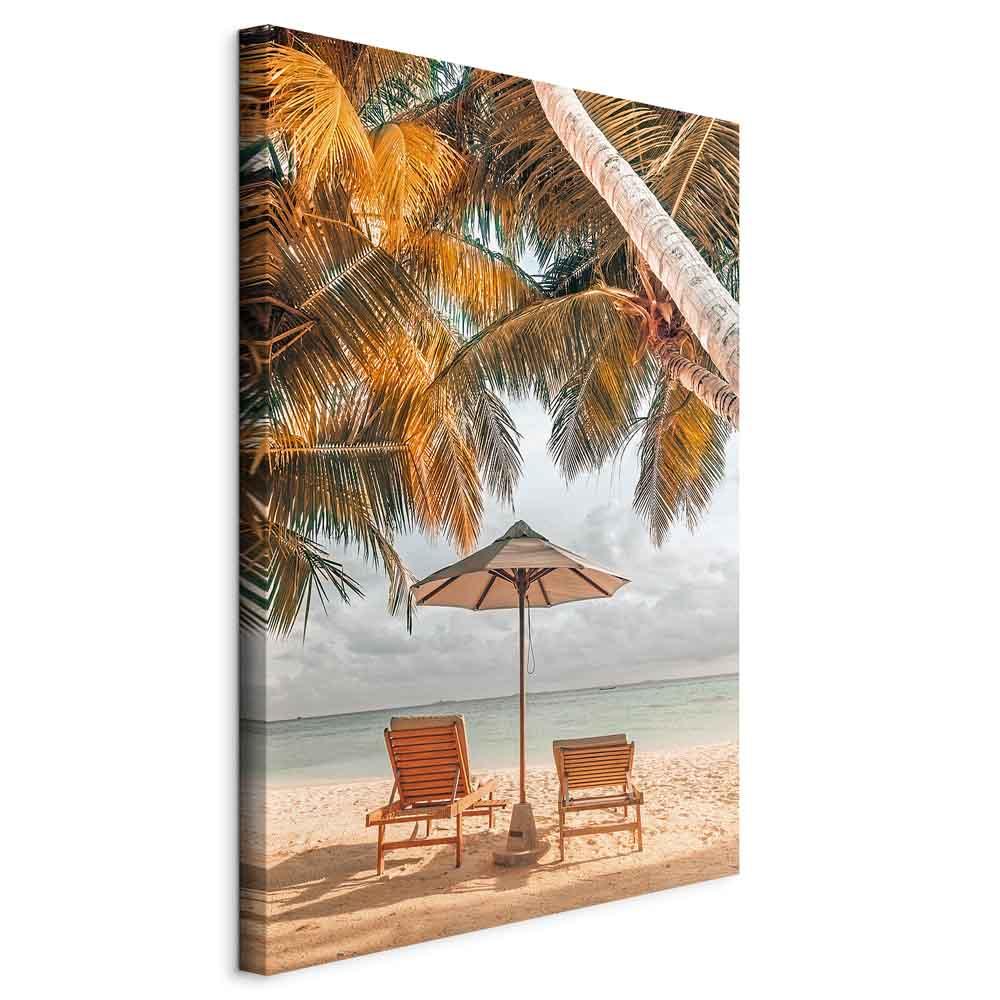 Billede på lærred Palm Umbrella - lodret vægdekoration med strand- og palmemotiv, 1 del - 80 x 120 cm - Standard