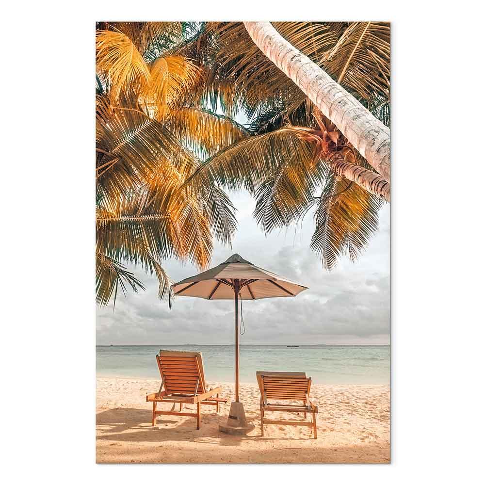 Billede på lærred Palm Umbrella - lodret vægdekoration med strand- og palmemotiv, 1 del - 60 x 90 cm - Akustisk