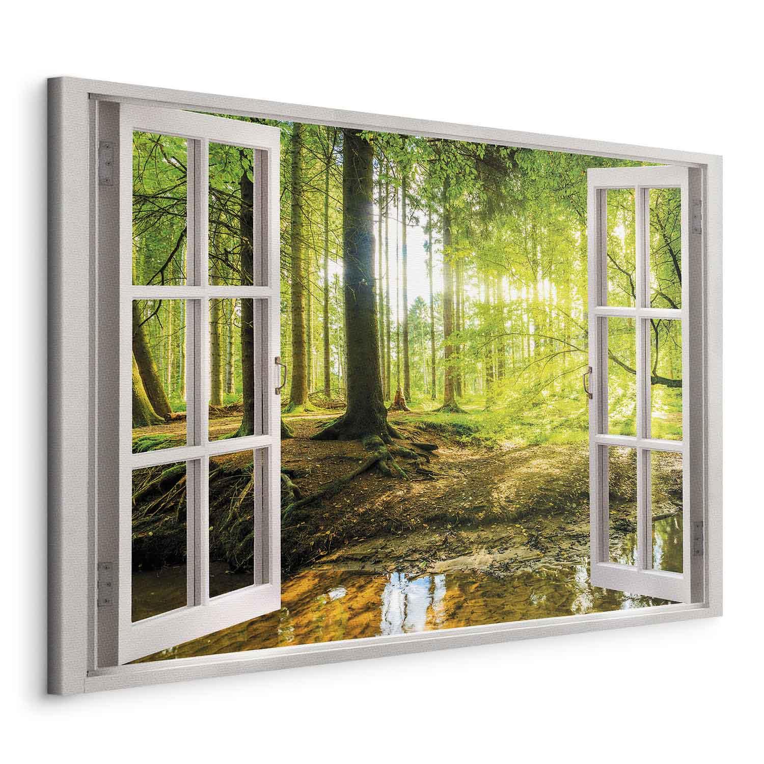 Lærredsbillede - Vindue: Udsigt over skov vægbillede med landskabsmotiv - 120 x 80 cm - Standard